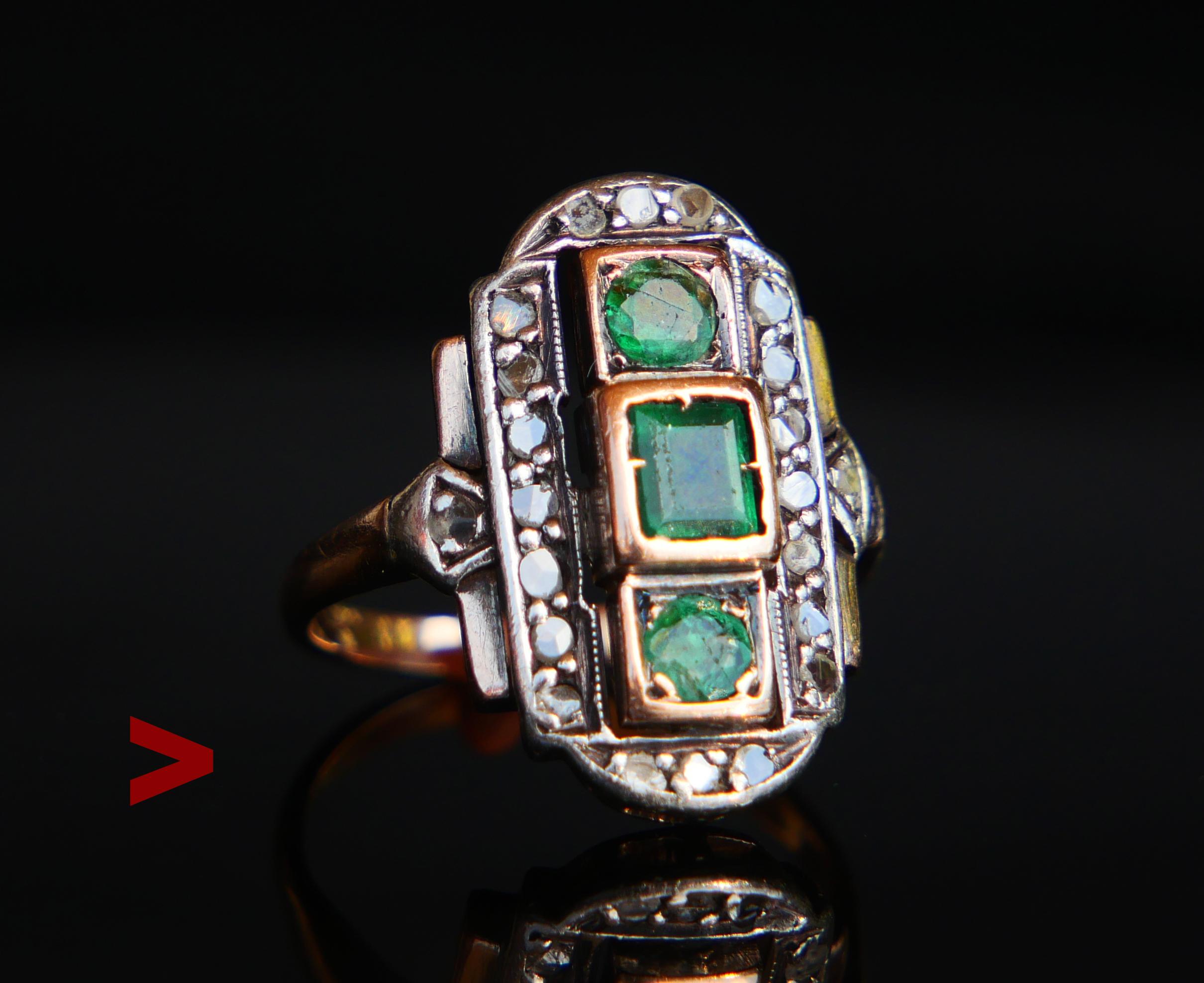 Art - Deco period natural Emeralds and Diamonds Ring hand- made in Gemany, ca. 1920s - 1930s. 

Band tested solid 14K Rose Gold, parts of crown and shoulders in Silver. 
Crown : 20 mm x 15mm  x 5.5 mm. Larger emerald cut Emerald  4.5 mm x 4 mm / ca.