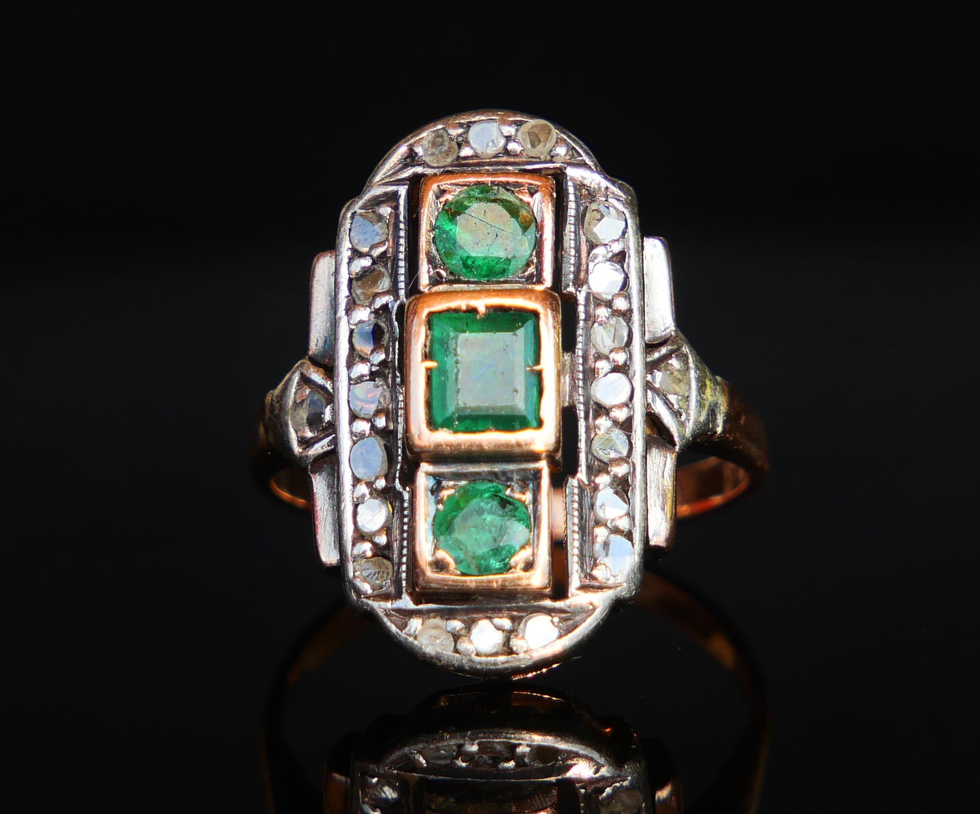 Art Deco Antique German Ring natural Emeralds Diamonds 14K Rose Gold Ø US 5.5/4.6g For Sale