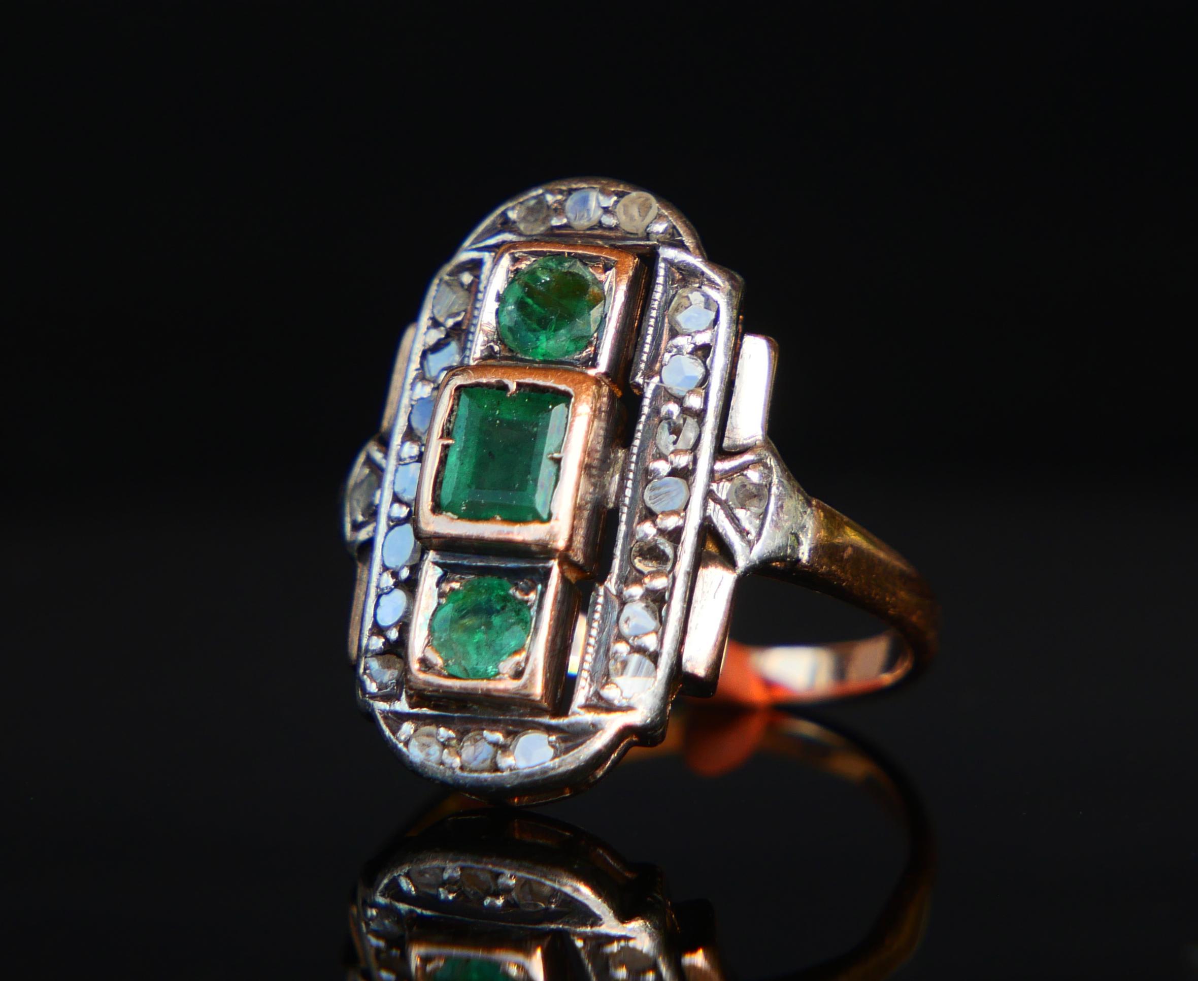 Emerald Cut Antique German Ring natural Emeralds Diamonds 14K Rose Gold Ø US 5.5/4.6g For Sale