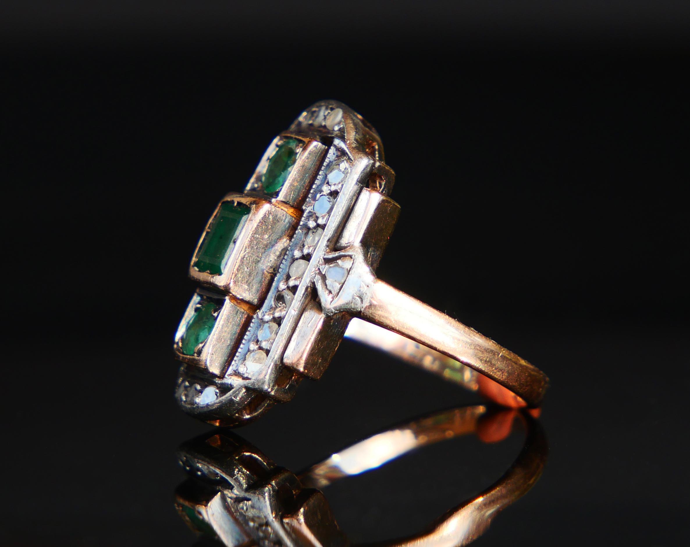 Women's Antique German Ring natural Emeralds Diamonds 14K Rose Gold Ø US 5.5/4.6g For Sale