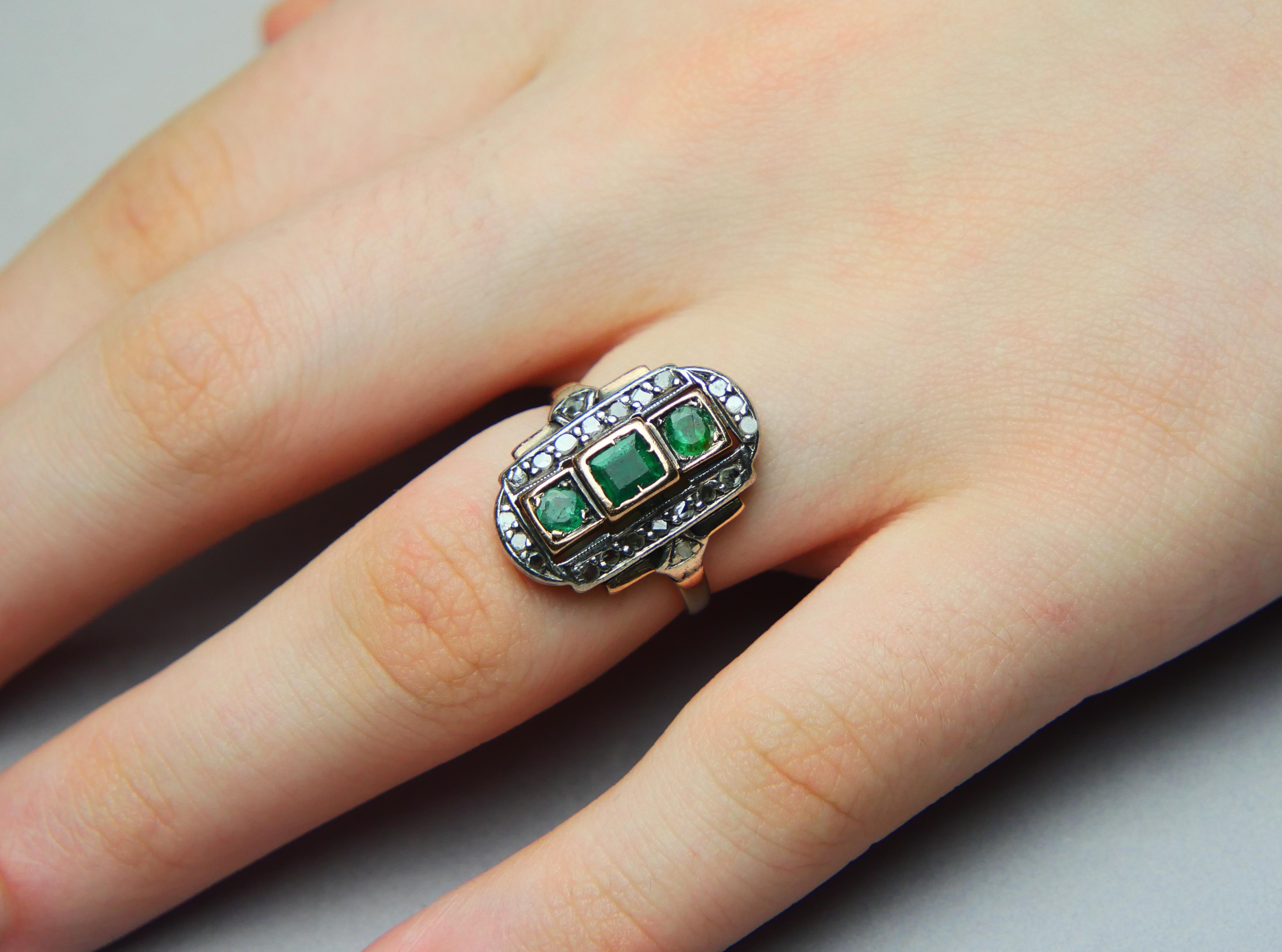 Antique German Ring natural Emeralds Diamonds 14K Rose Gold Ø US 5.5/4.6g For Sale 1