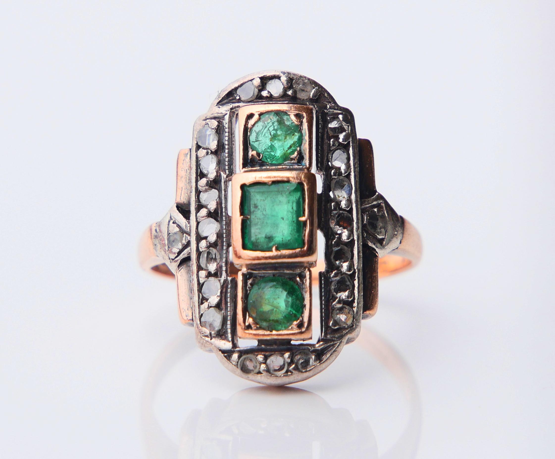 Antique German Ring natural Emeralds Diamonds 14K Rose Gold Ø US 5.5/4.6g For Sale 3