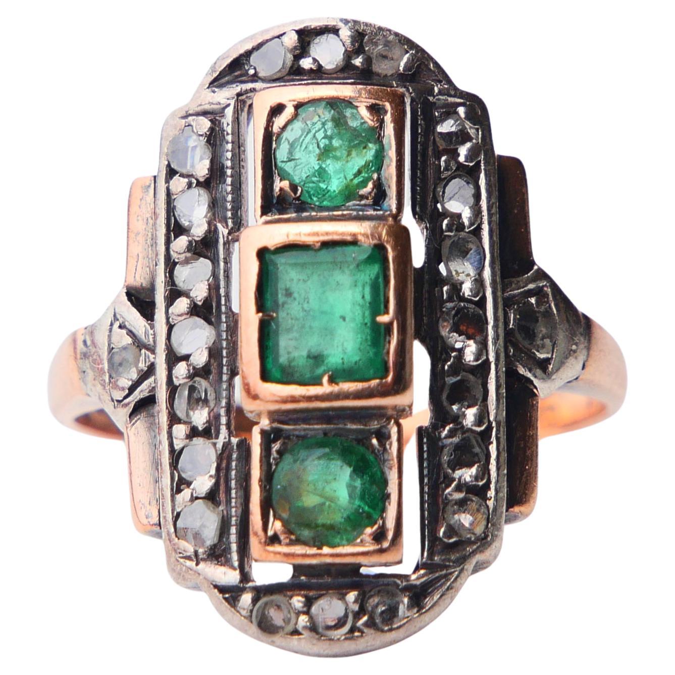 Antique German Ring natural Emeralds Diamonds 14K Rose Gold Ø US 5.5/4.6g For Sale
