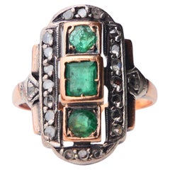 Anello antico tedesco con smeraldi naturali e diamanti in oro rosa 14K Ø US 5.5/4.6g