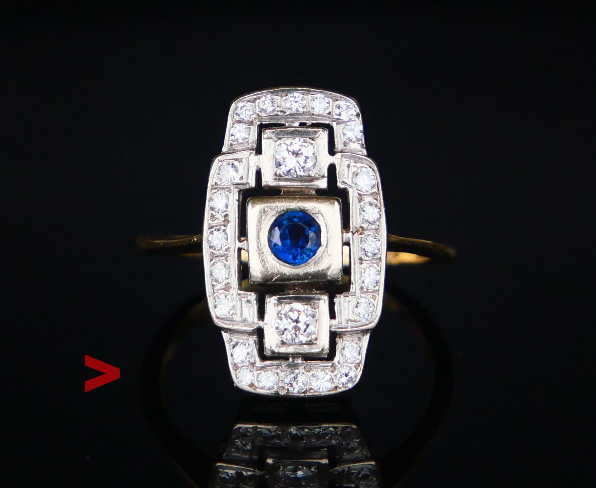 Schöner deutscher Ring ca. 1900 - 1930er Jahre in massivem 14K Gelbgold mit natürlichem Blauen Saphir und 26 Diamanten in Weißgold / oder Platinfassung.

Natürlicher Saphir von altem europäischen Diamantschliff, Farbe ist mittel blau Maße: Ø 3,6 mm