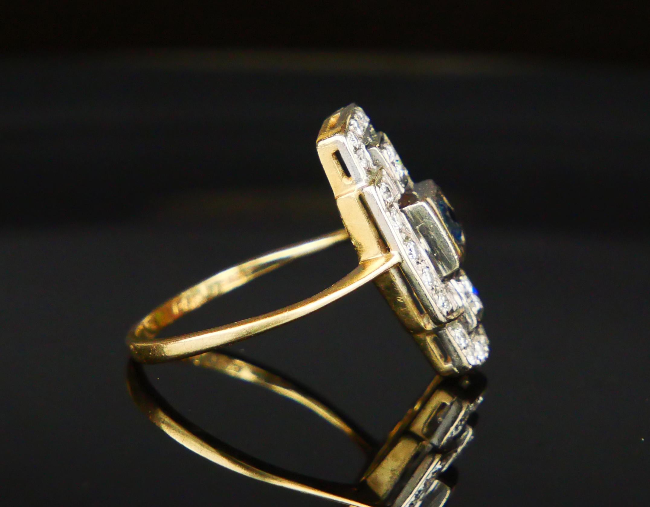 Antiker deutscher Ring natürlicher Saphir Diamanten 14K Gold Platin Ø US8.25/4.5gr (Achteckschliff)