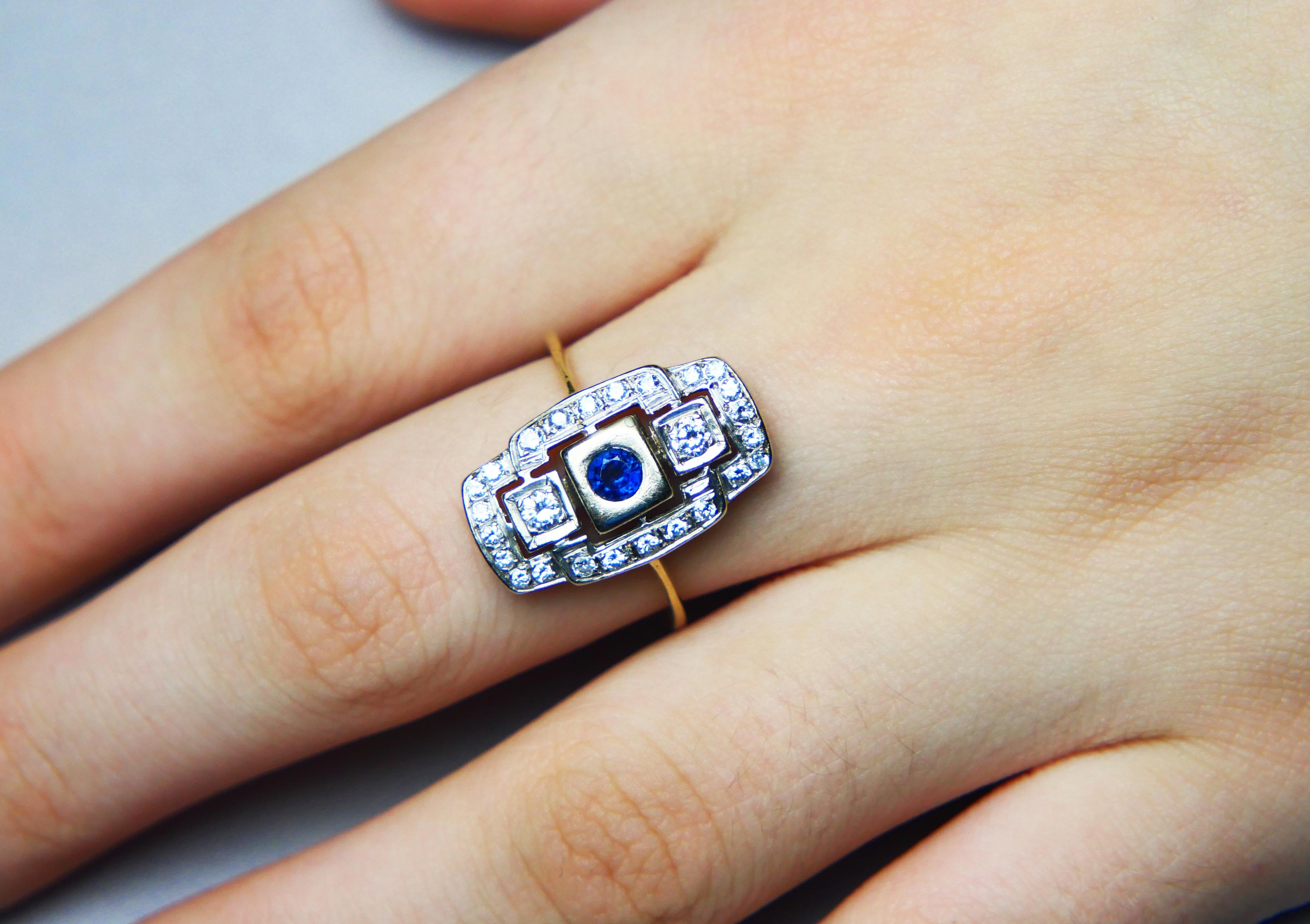 Antiker deutscher Ring natürlicher Saphir Diamanten 14K Gold Platin Ø US8.25/4.5gr 2