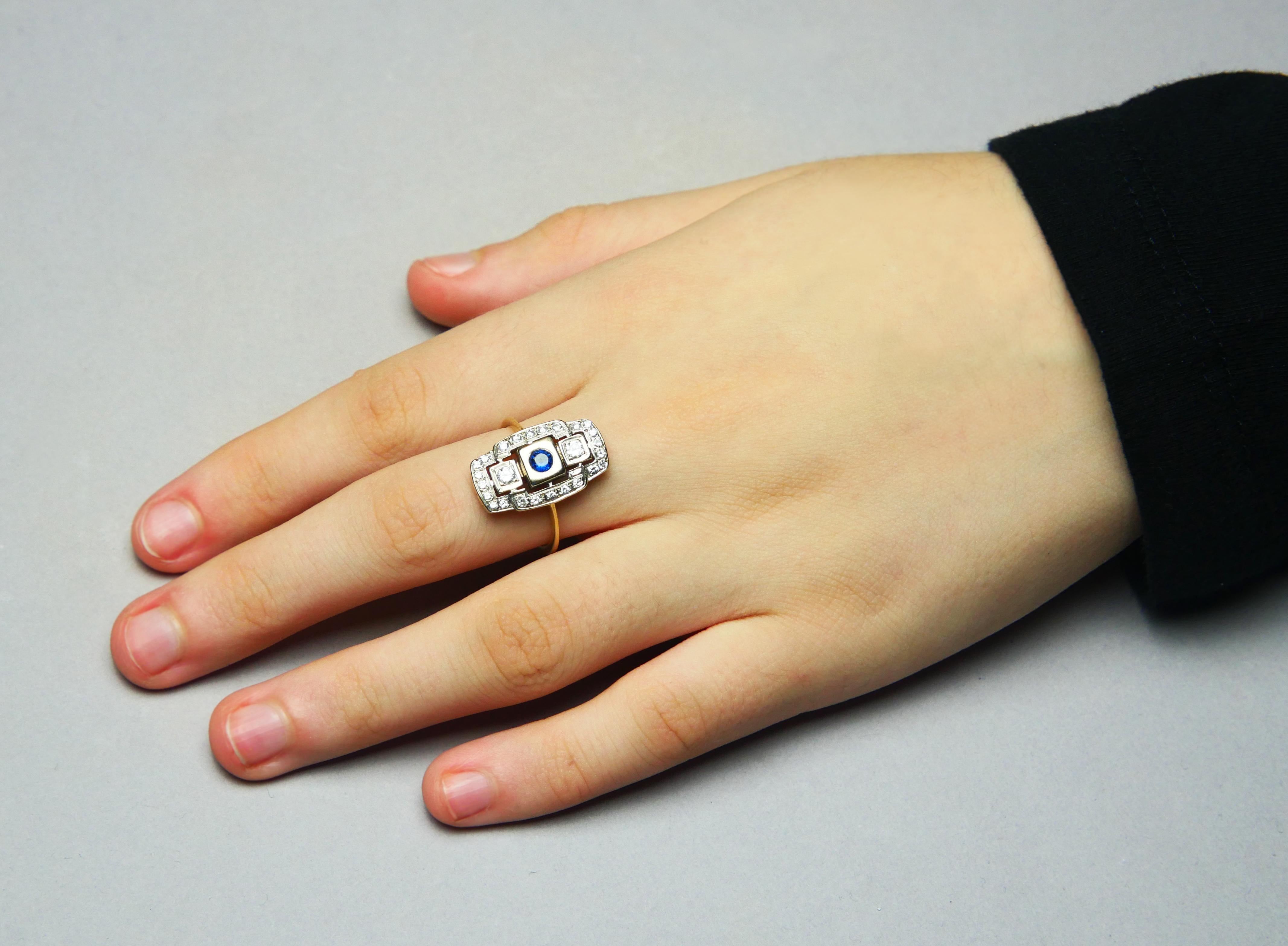 Antiker deutscher Ring natürlicher Saphir Diamanten 14K Gold Platin Ø US8.25/4.5gr 3