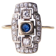 Antique German Ring natural Sapphire Diamonds 14K Gold Platinum Ø US8.25/4.5gr