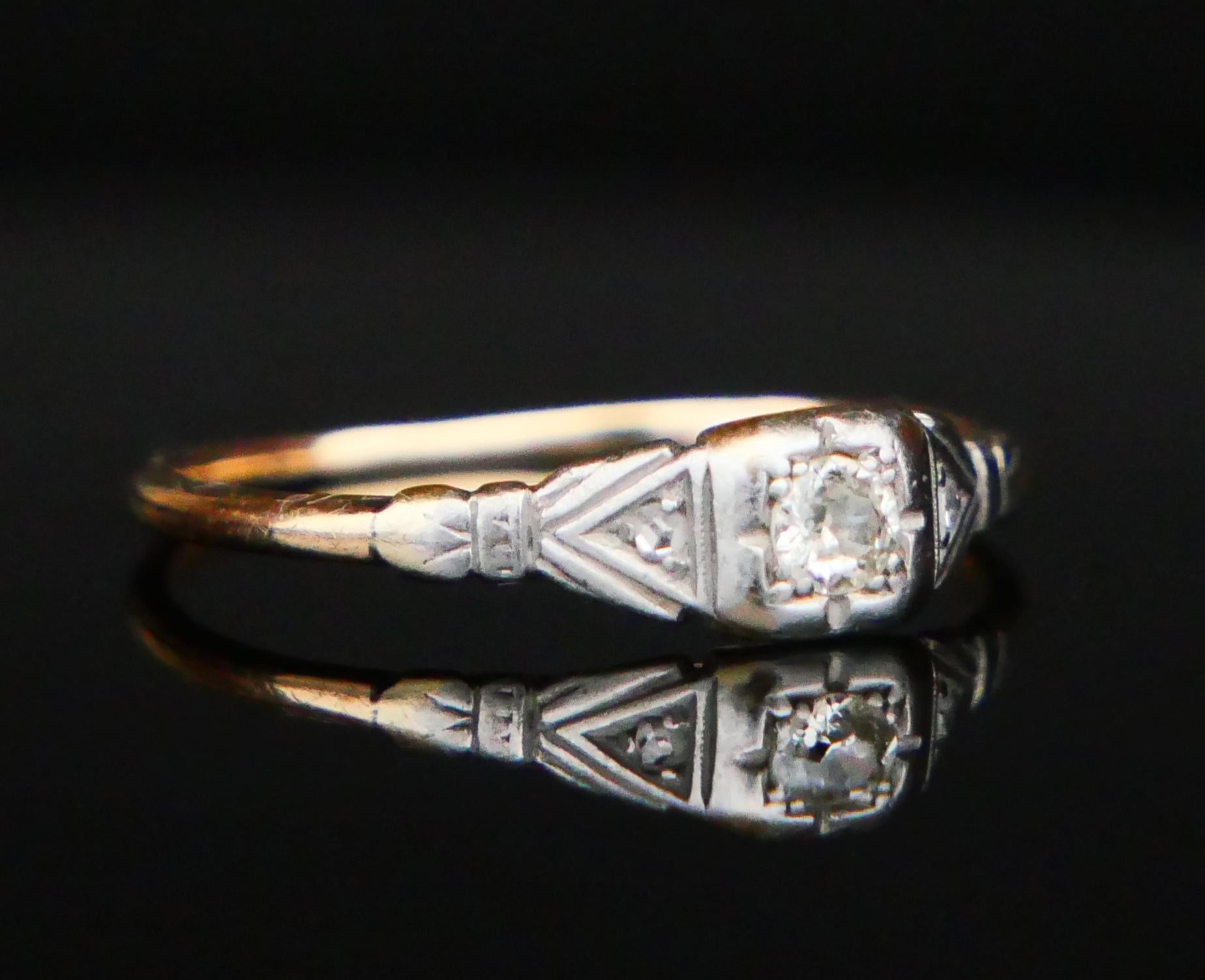Anillo Alemán Antiguo Diamantes macizos Oro 14K Ø 8.75 US/ 1.8gr Art Decó en venta