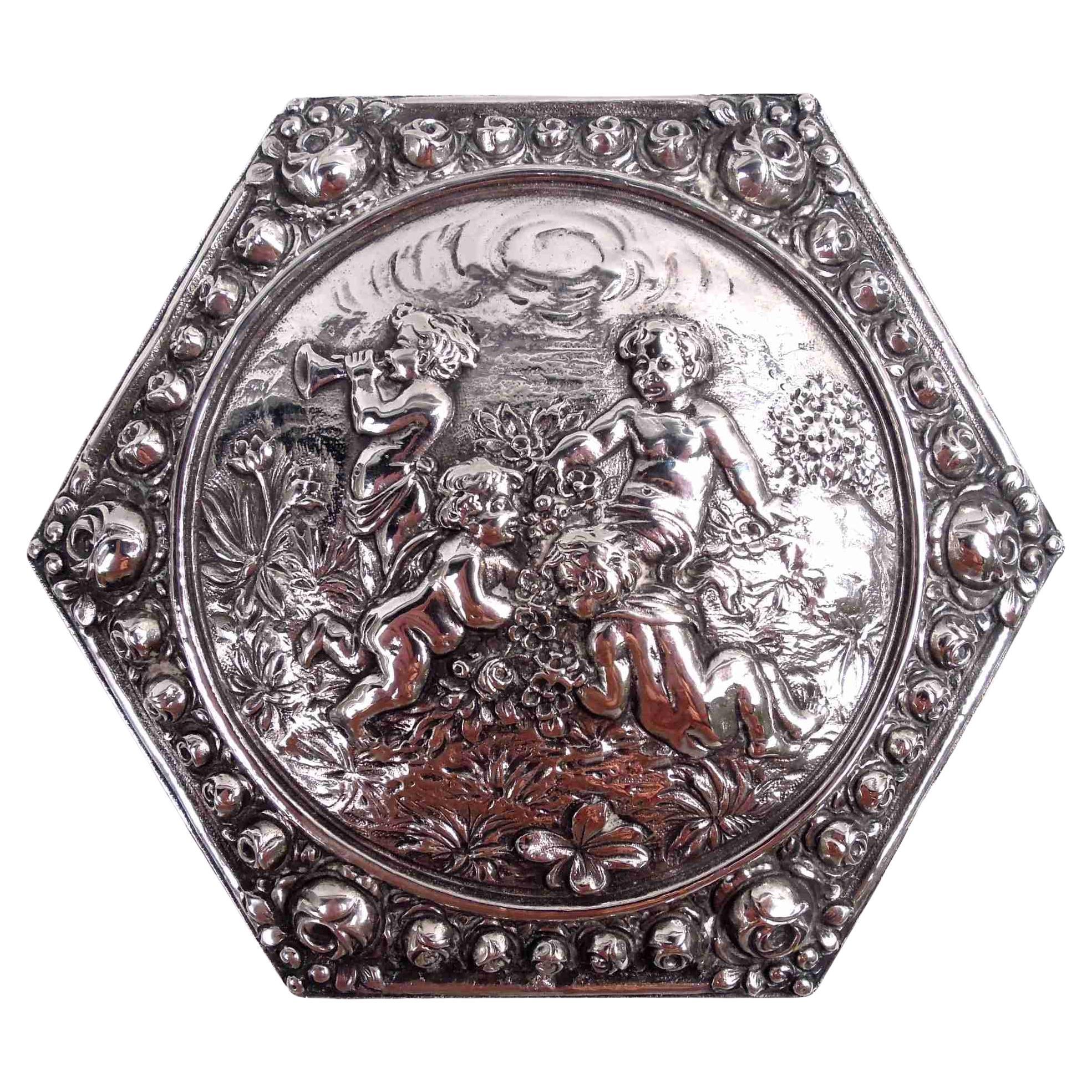 Ancienne boîte à bijoux allemande Rococo Flowers & Frolics Silver