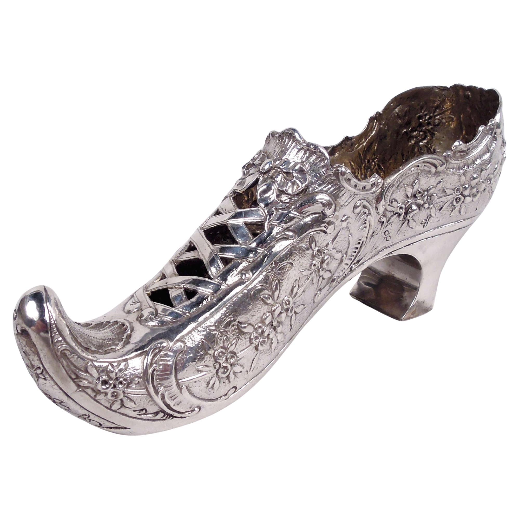 Antique German Rococo Silver Lady’s Shoe Ornament For Sale