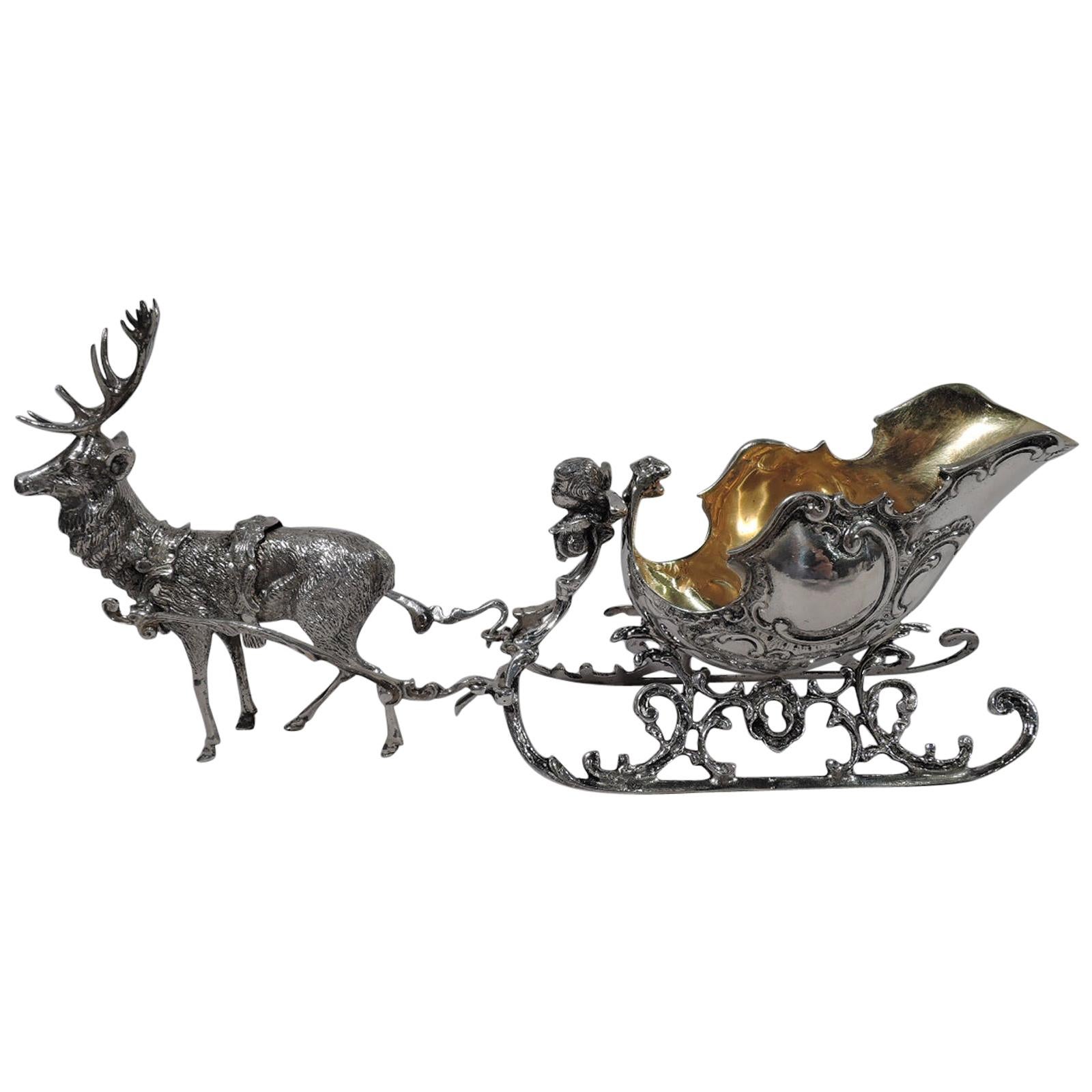 Antique German Rococo Silver Reindeer-Harnessed Sleigh