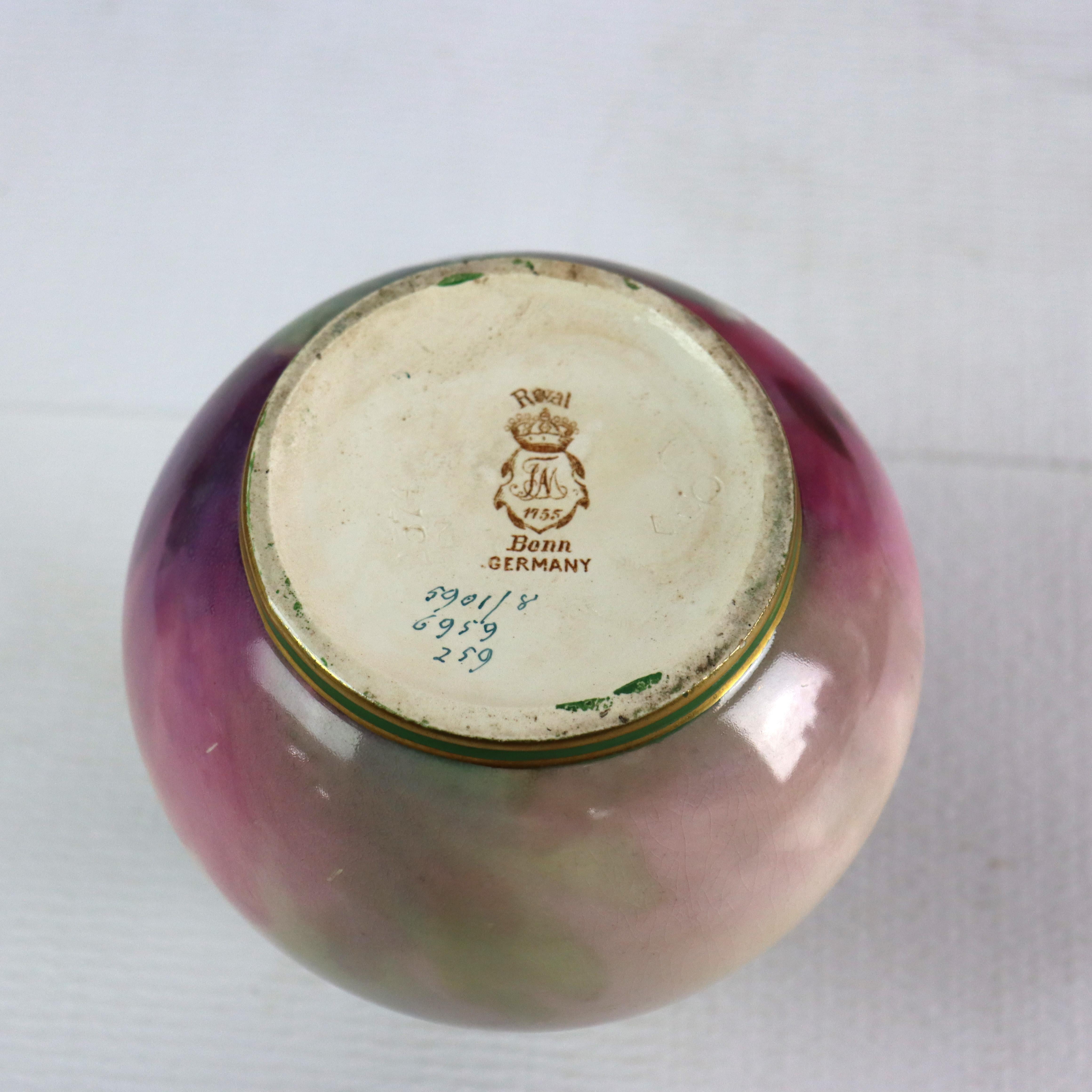Antike deutsche Royal Bonn Floral Porzellan Vase signiert & nummeriert C1920 im Angebot 1