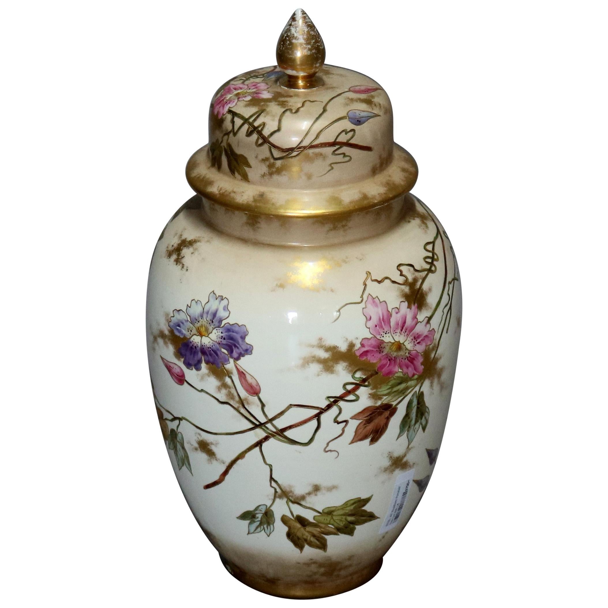 Antique German Royal Bonn Hand Painted and Gilt Floral Floor Urn, 19th Century