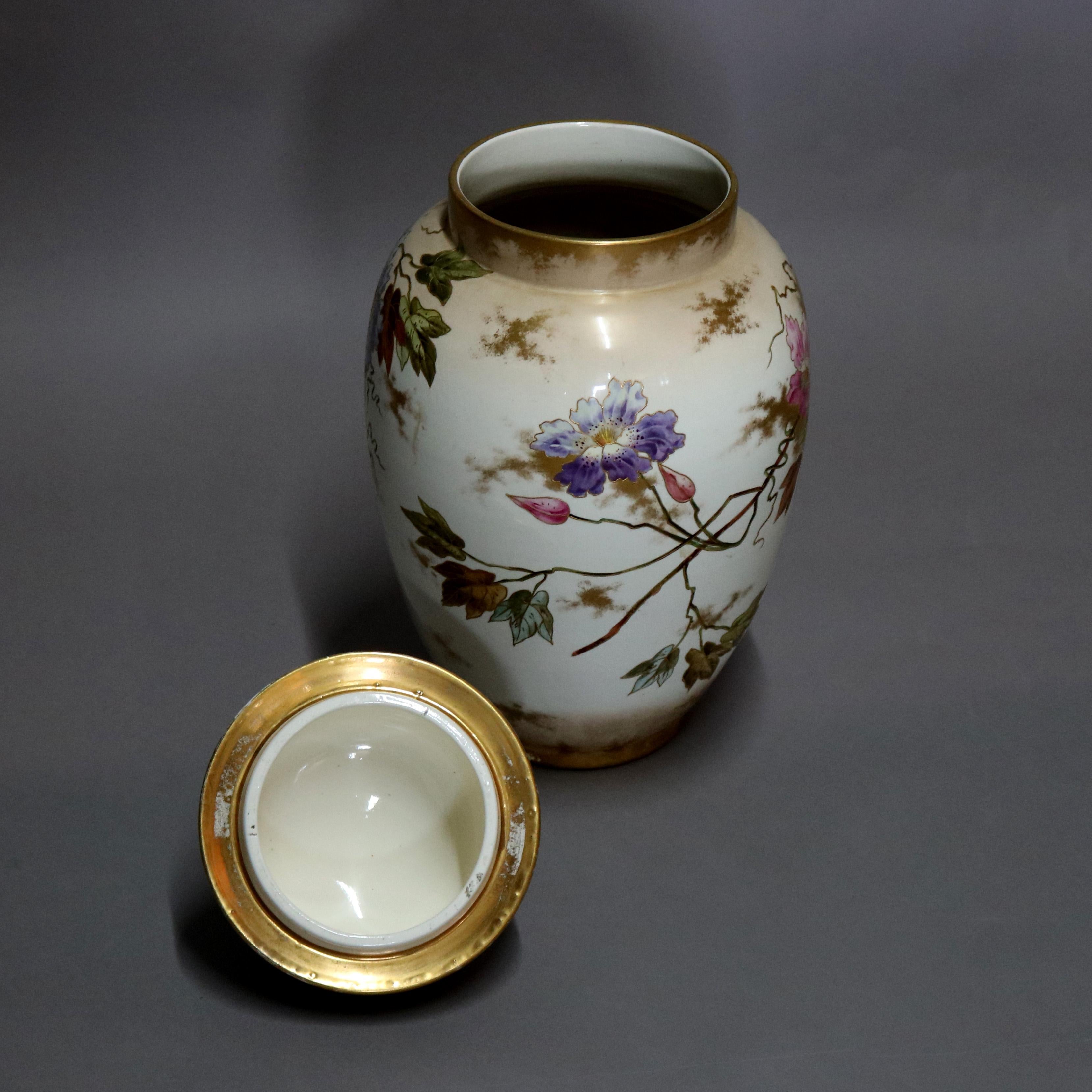 Porcelain Antique German Royal Bonn Hand Painted and Gilt Floral Floor Urn, 19th Century