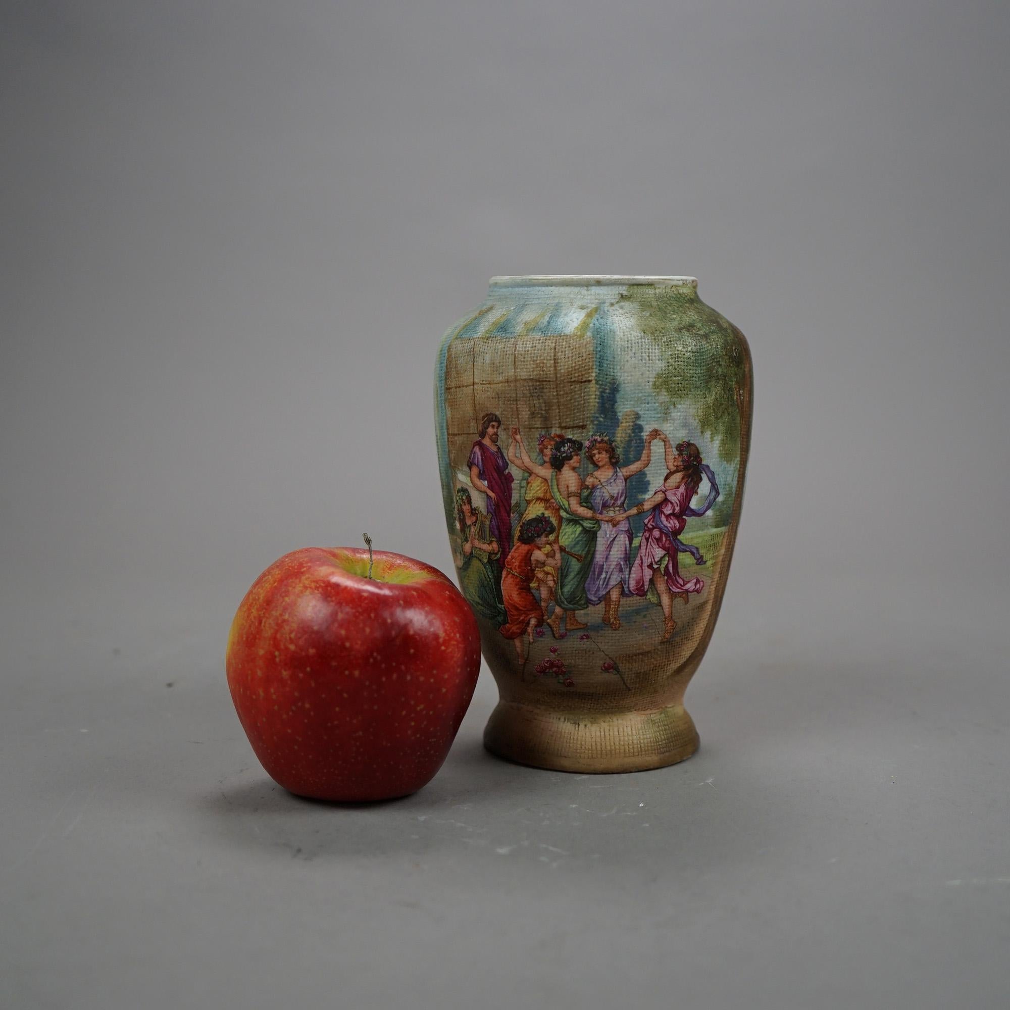 An antique German vase by Royal Bonn offers hand painted Classical genre scene with women dancing in a courtyard, maker mark on base as photographed, c1900.

Measures- 6.5''H x 4''W x 4''D.

Catalogue Note: Ask about DISCOUNTED DELIVERY RATES