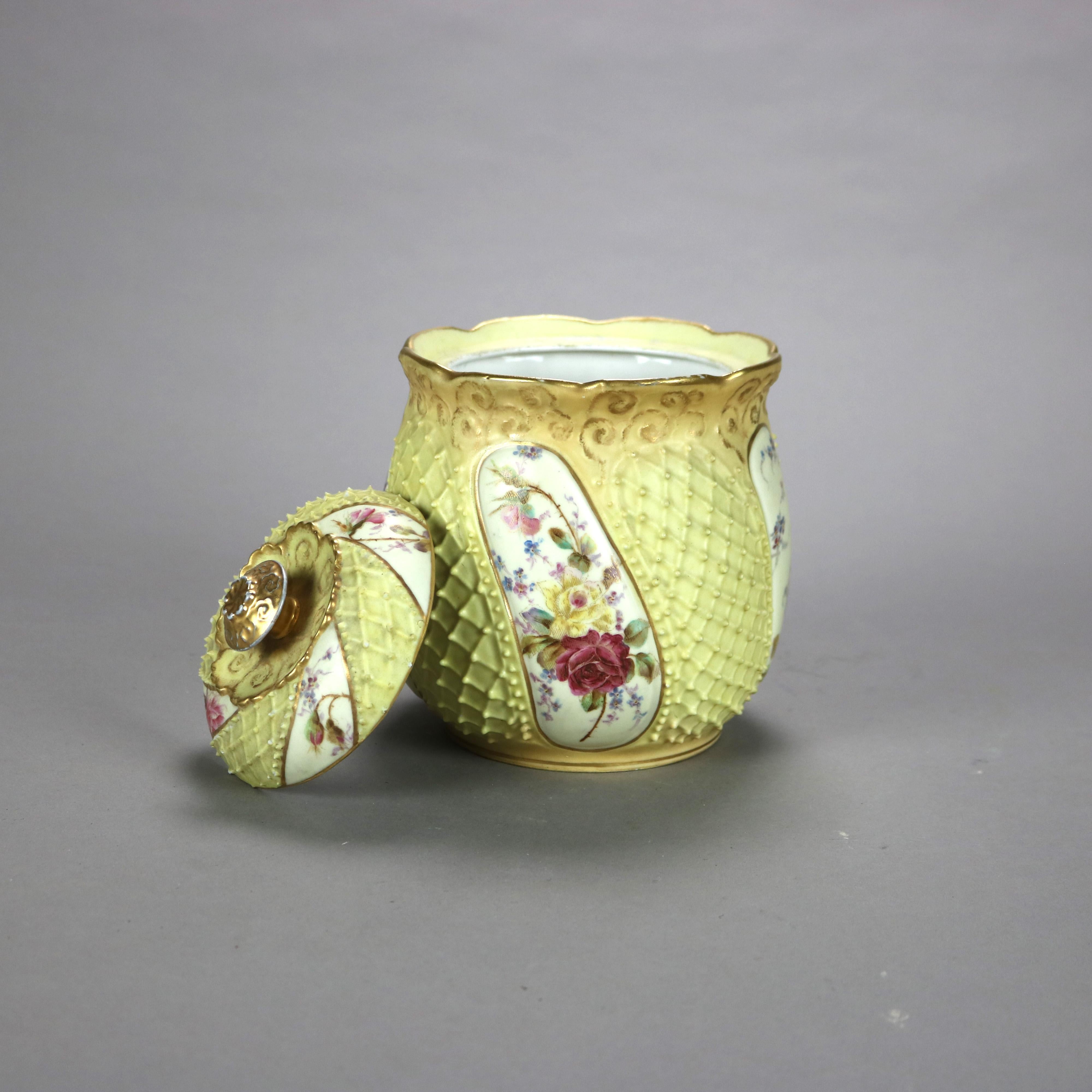European Antique German Rudolstadt Floral & Gilt Hand Painted Porcelain Biscuit Jar c1890