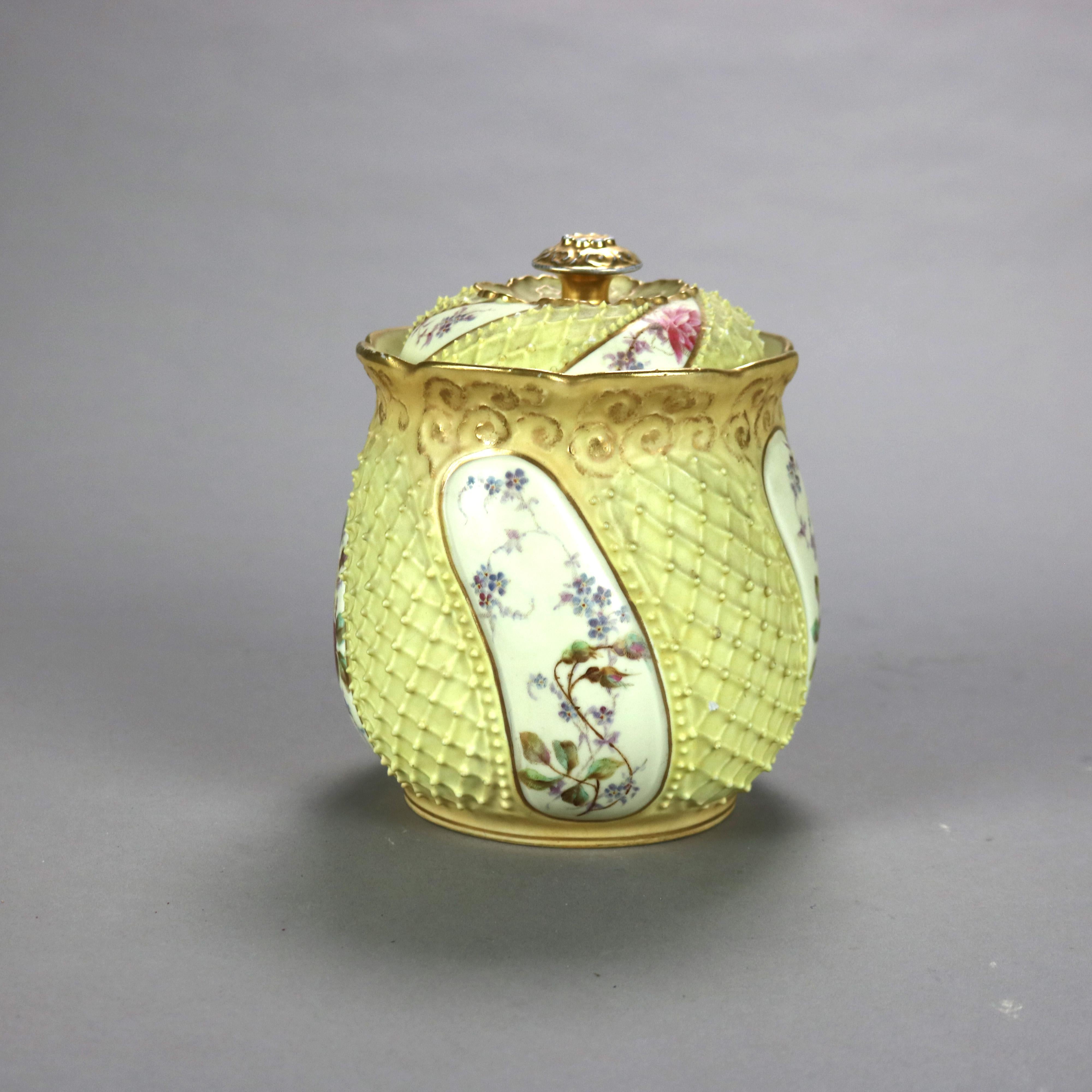 19th Century Antique German Rudolstadt Floral & Gilt Hand Painted Porcelain Biscuit Jar c1890