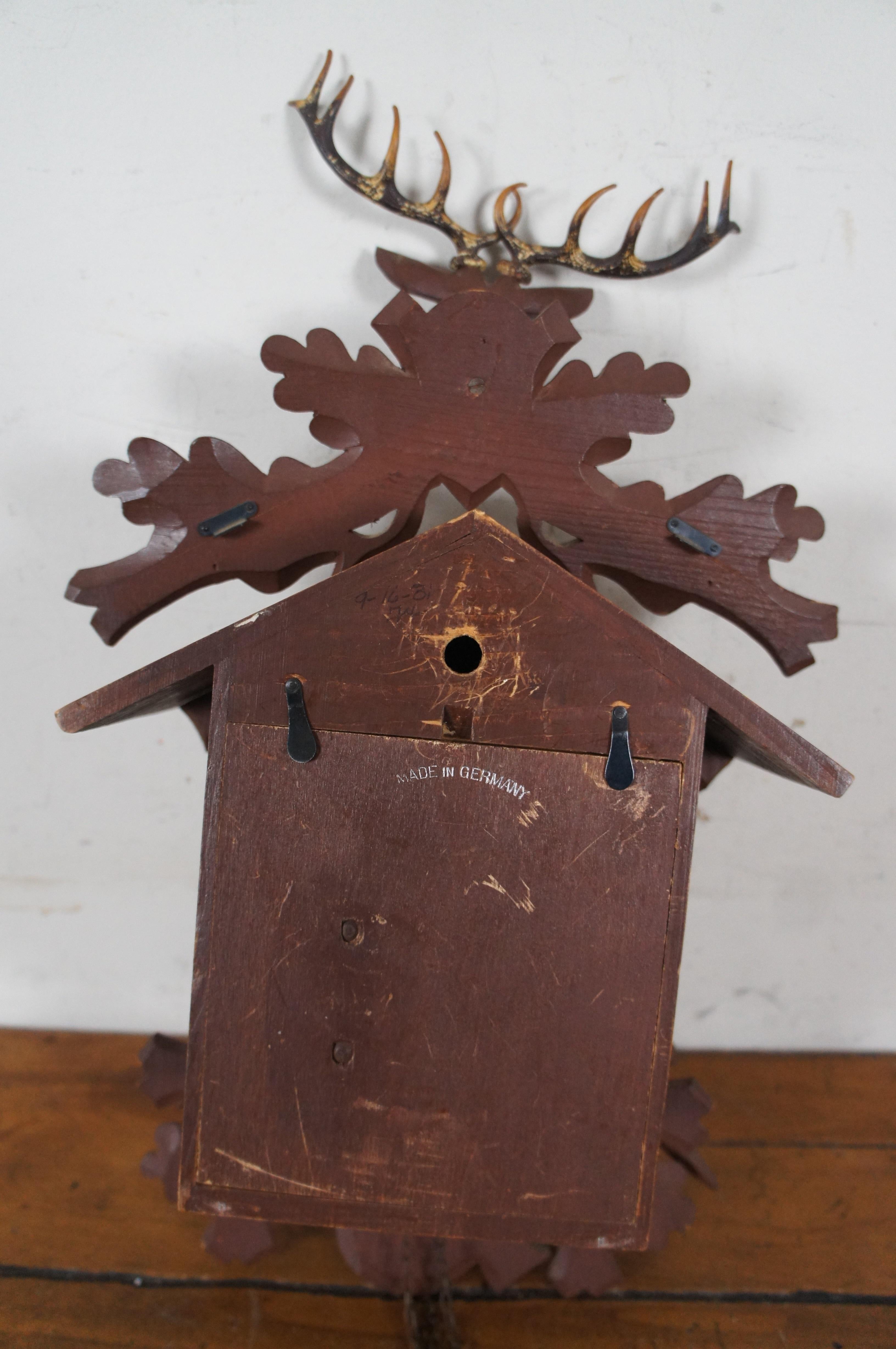Horloge allemande ancienne Schatz & Sohne Black Forest 8 Day Stag Hunt Cuckoo de 17 pouces 2