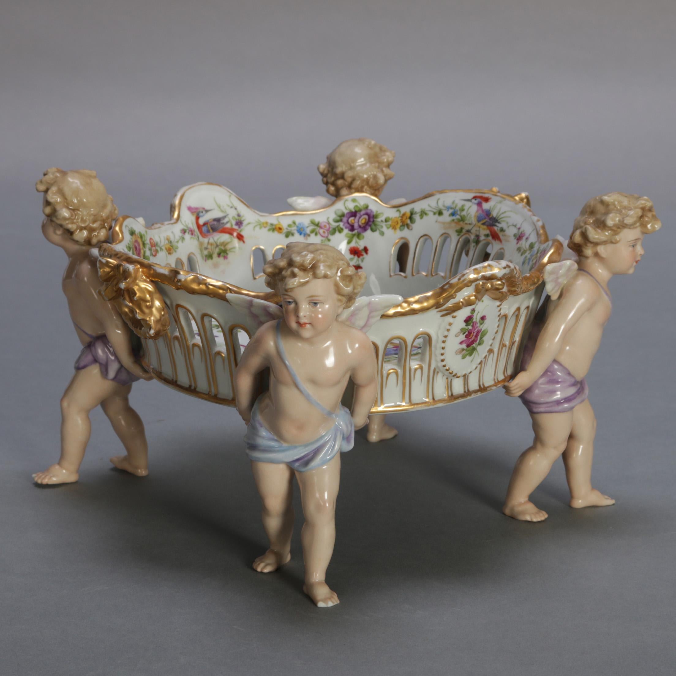 Antique German Schierholtz Figural Hand Painted Porcelain Cherub Bowl In Good Condition In Big Flats, NY