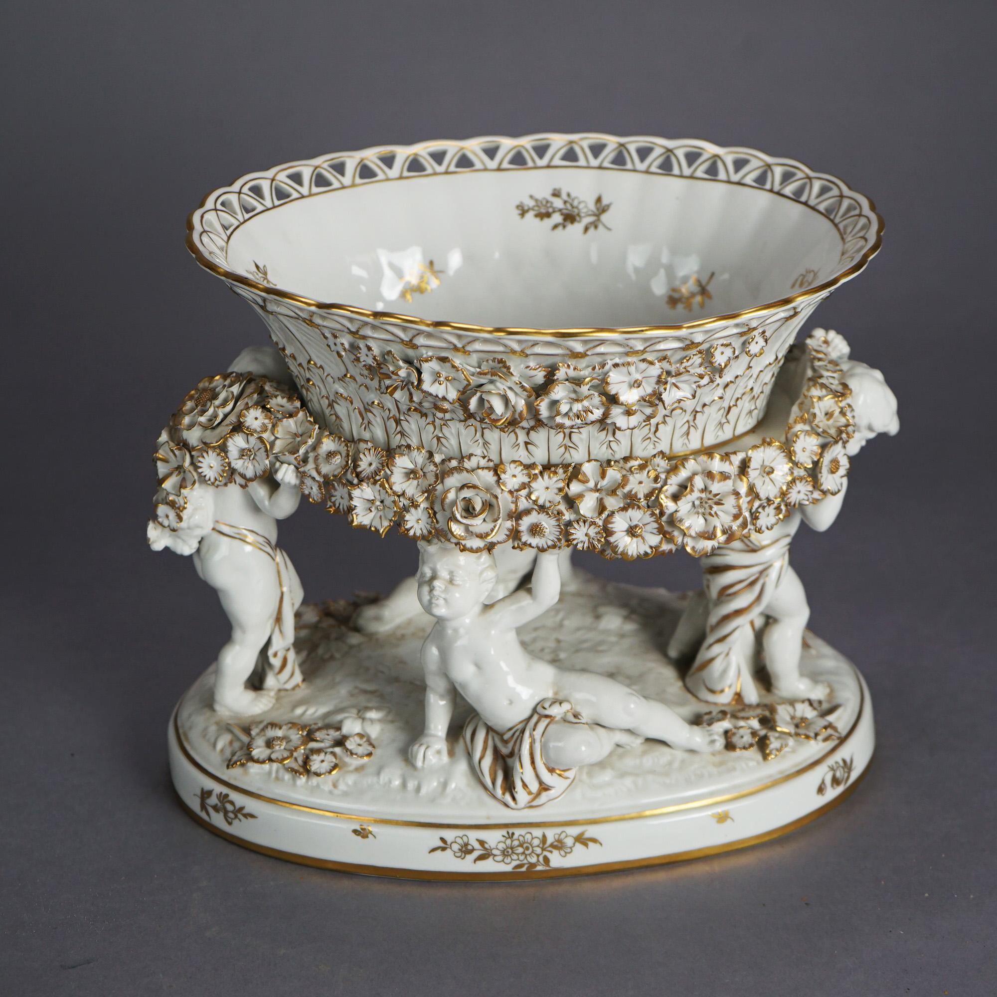 Antique German Schierholz Gilt Porcelain Figural Cherub Center Bowl c1920 In Good Condition In Big Flats, NY