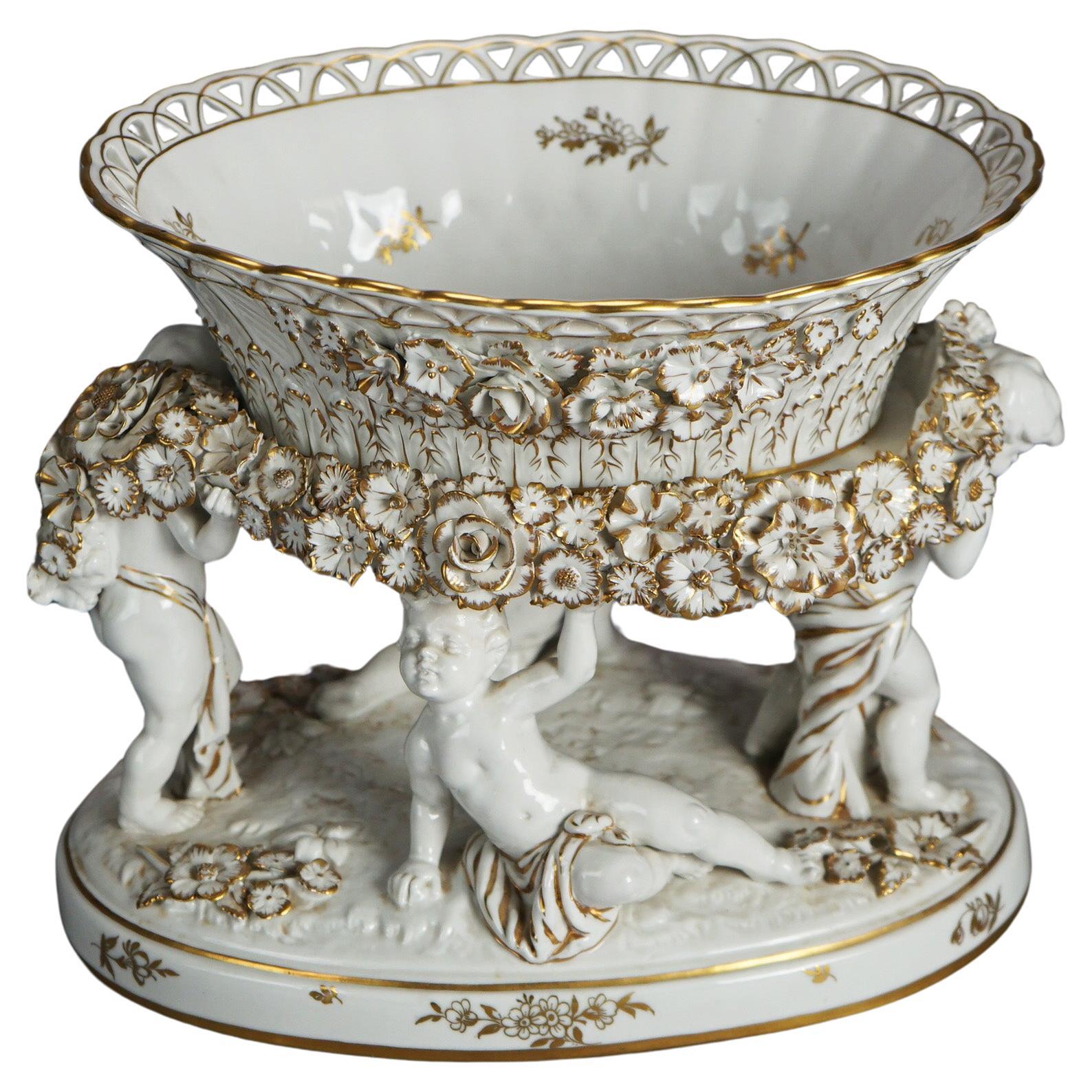 Antique German Schierholz Gilt Porcelain Figural Cherub Center Bowl c1920