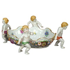 Antique German Schierholz Hand Painted & Gilt Figural Cherub Center Bowl, c1910