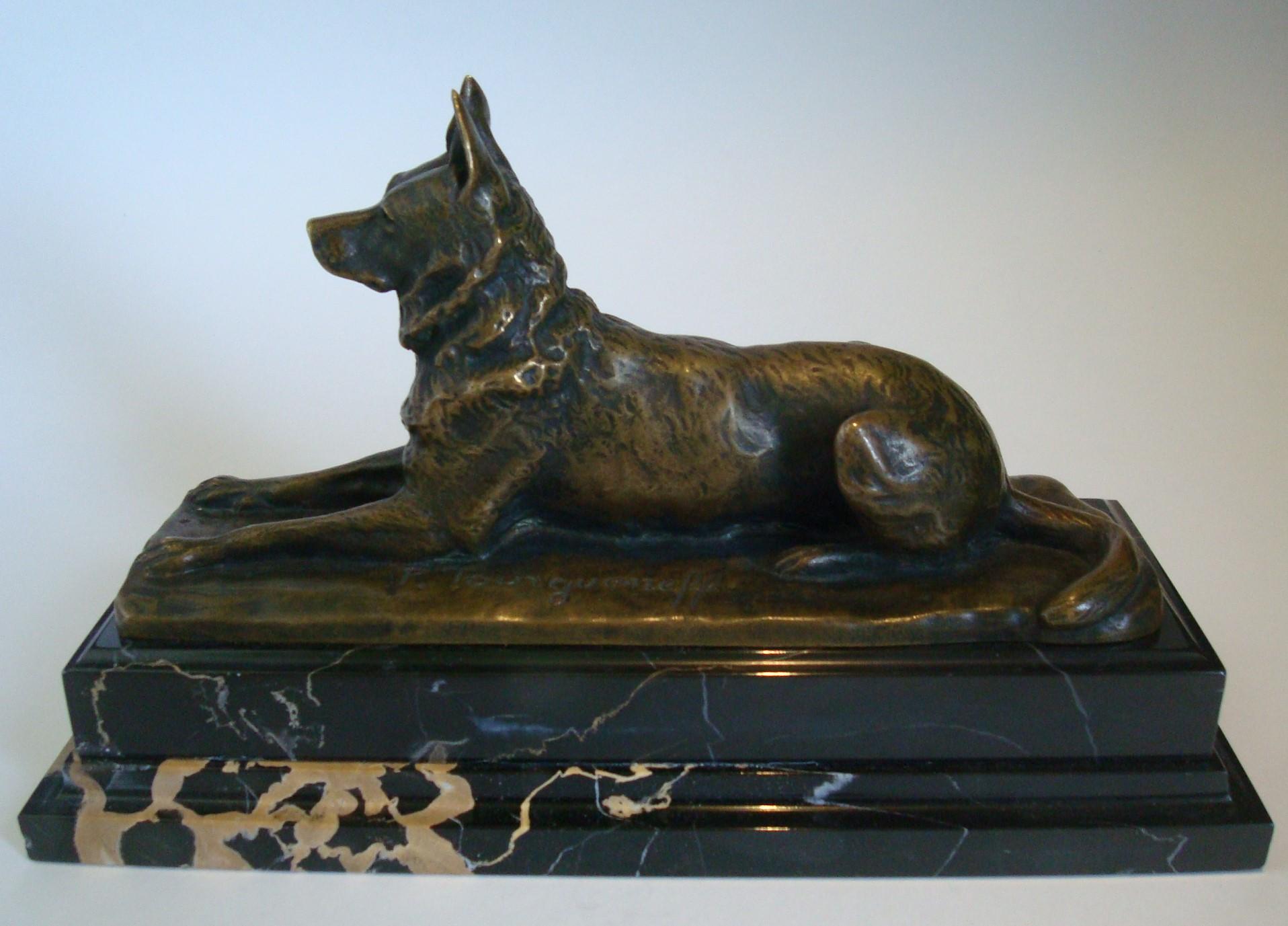 Antique German Shepherd bronze sculpture of dog by Pierre Nicolas Tourgueneff. France Late 19th century - early 20th Century. Cast after the model of Pierre Nicolas Tourgueneff. 
On a naturalistic rectangular base, realistically modelled as