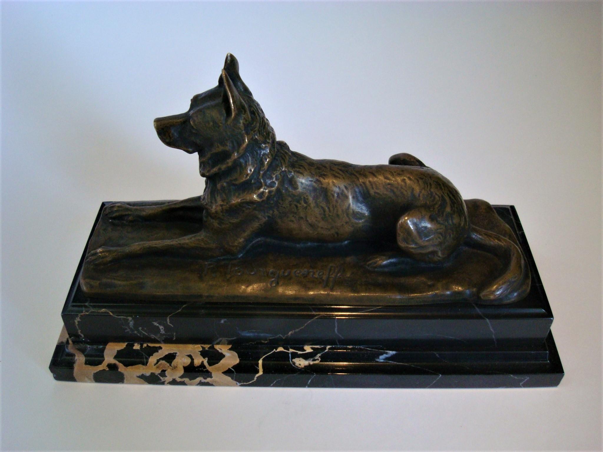 French Antique German Shepherd Bronze Sculpture of Dog by Pierre Nicolas Tourgueneff