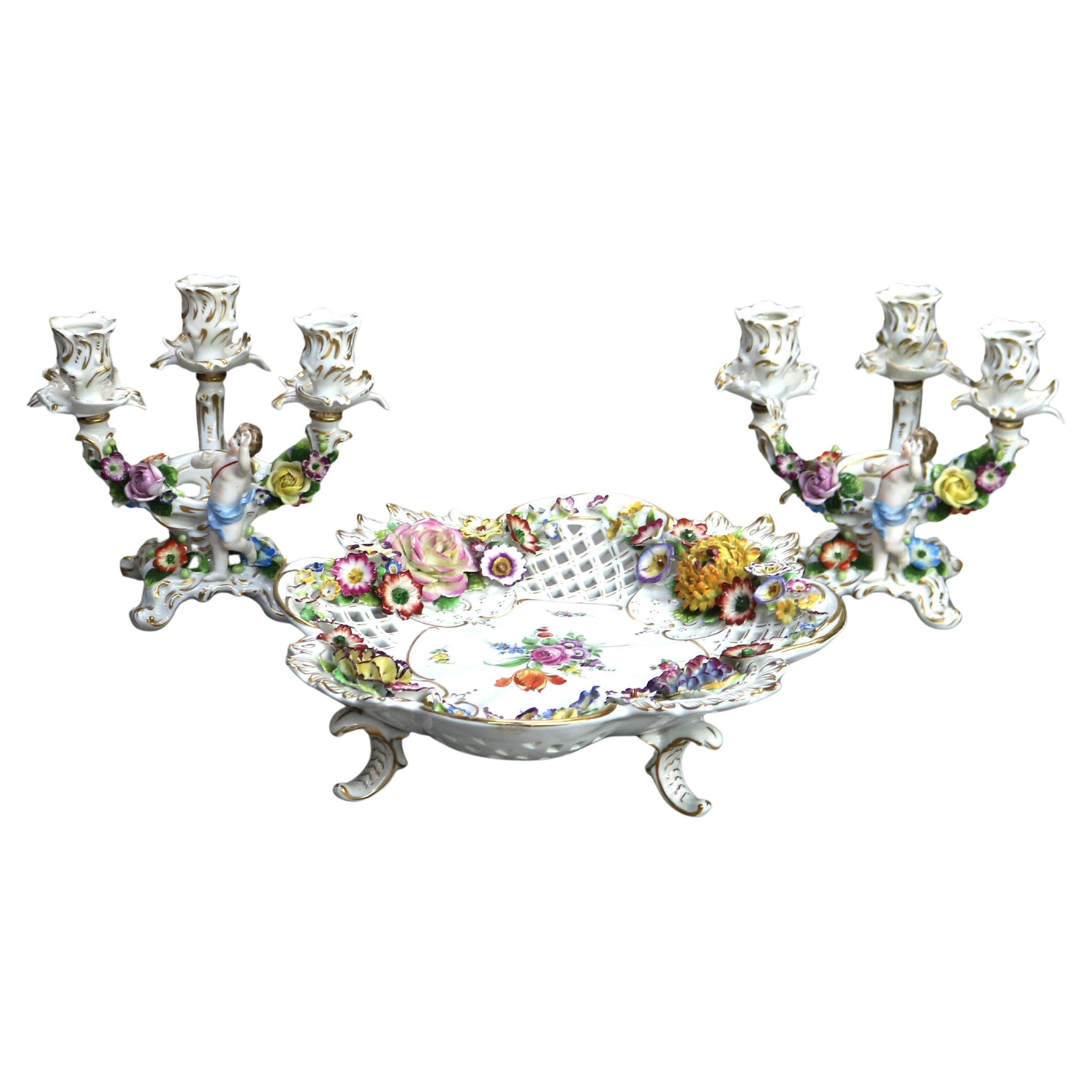 Antique German Shiereholz Meissen Porcelain Garniture Set, Bowl 
Candelabrum