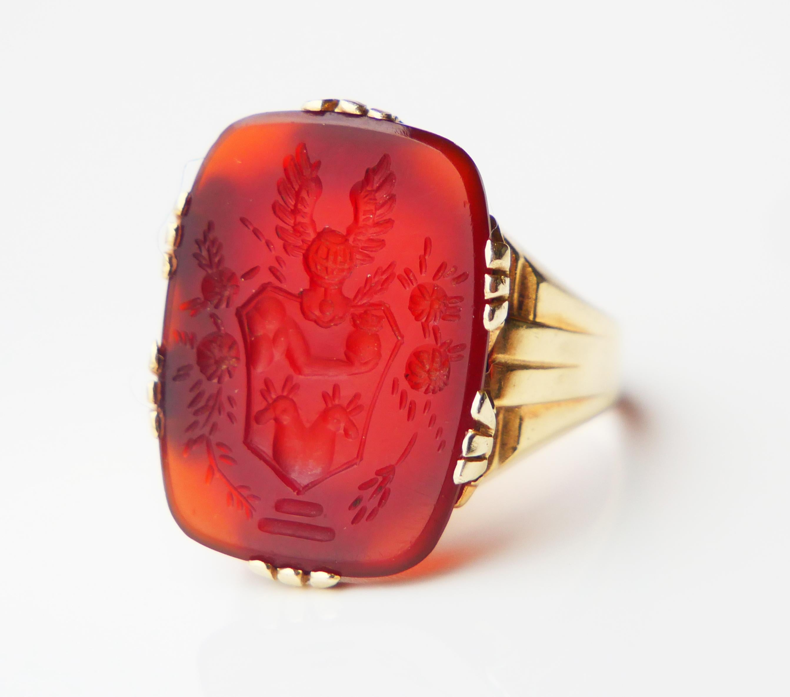 Antique German Signet Men Unisex Intaglio Ring Carnelian 14K Gold ØUS7.5/6gr 6