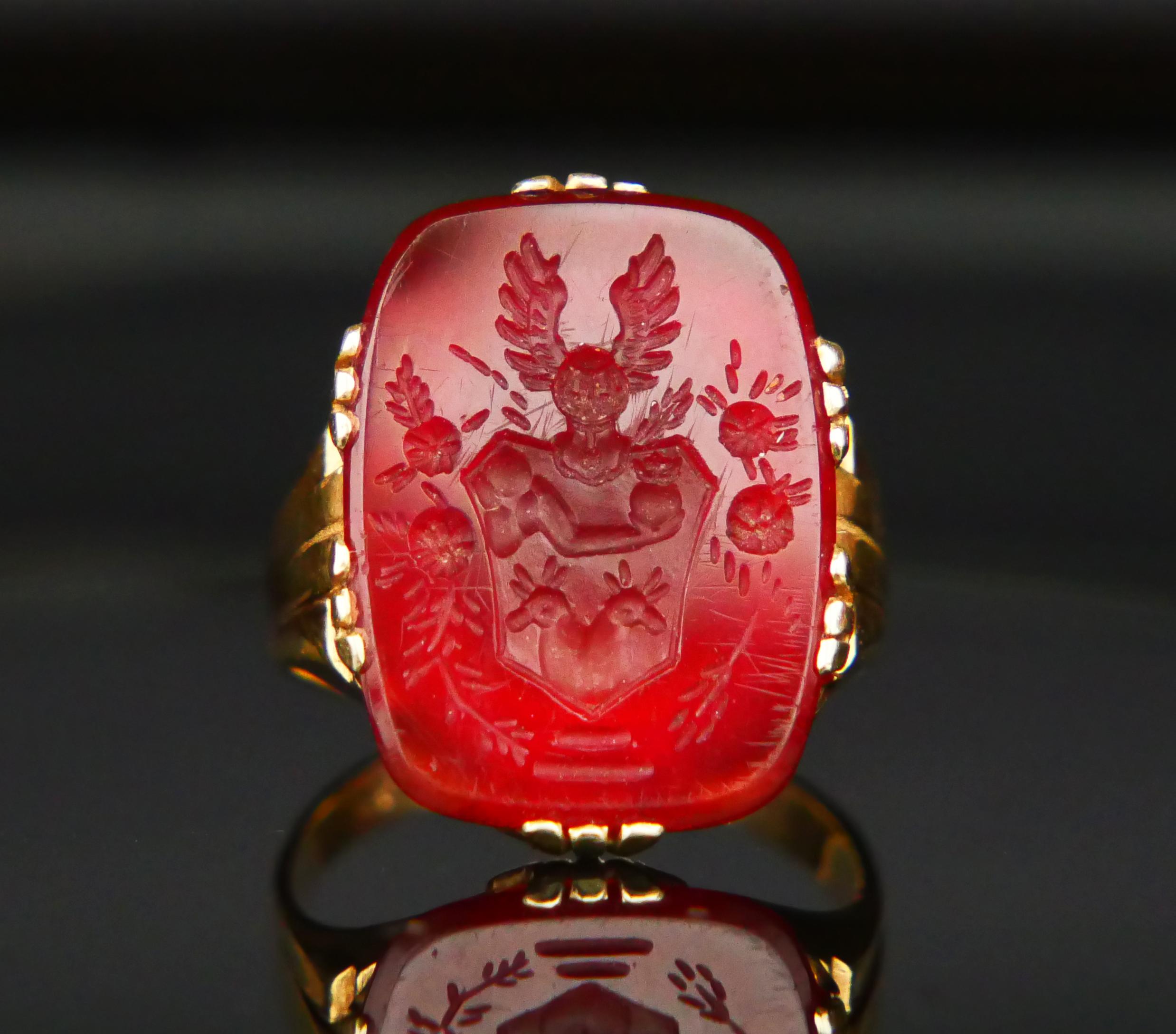 Art Deco Antique German Signet Men Unisex Intaglio Ring Carnelian 14K Gold ØUS7.5/6gr