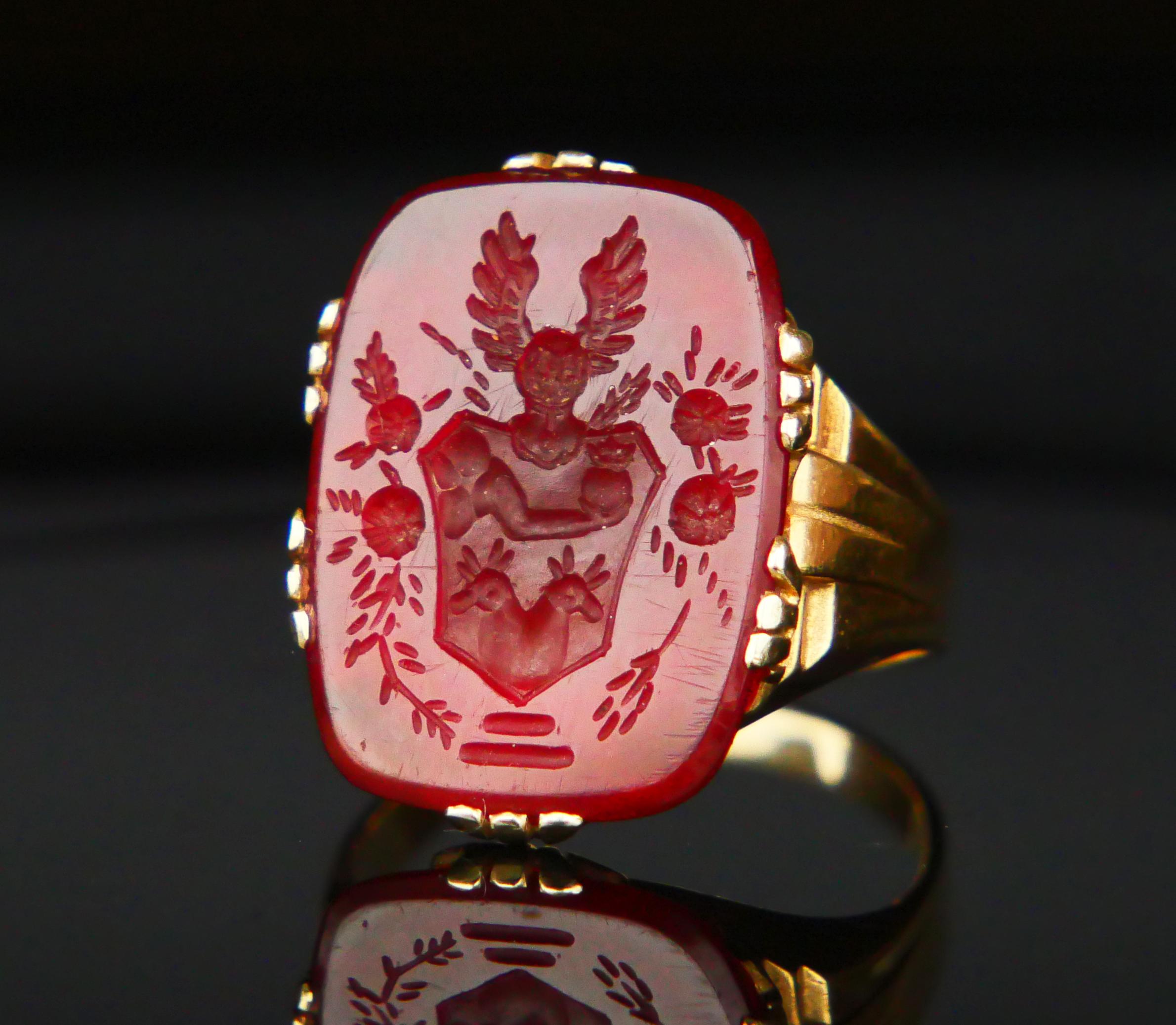 Antique German Signet Men Unisex Intaglio Ring Carnelian 14K Gold ØUS7.5/6gr 2
