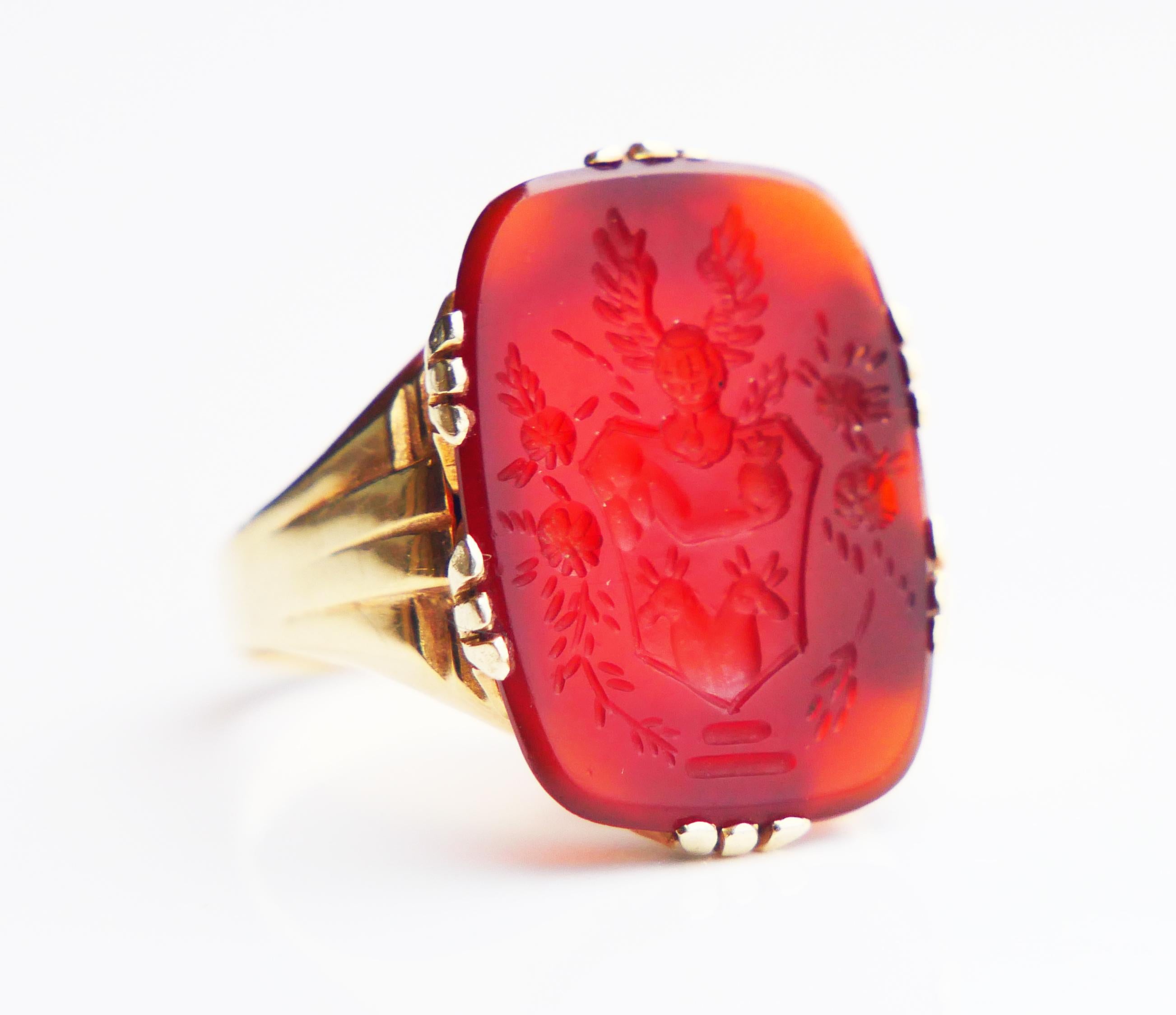 Antique German Signet Men Unisex Intaglio Ring Carnelian 14K Gold ØUS7.5/6gr 3