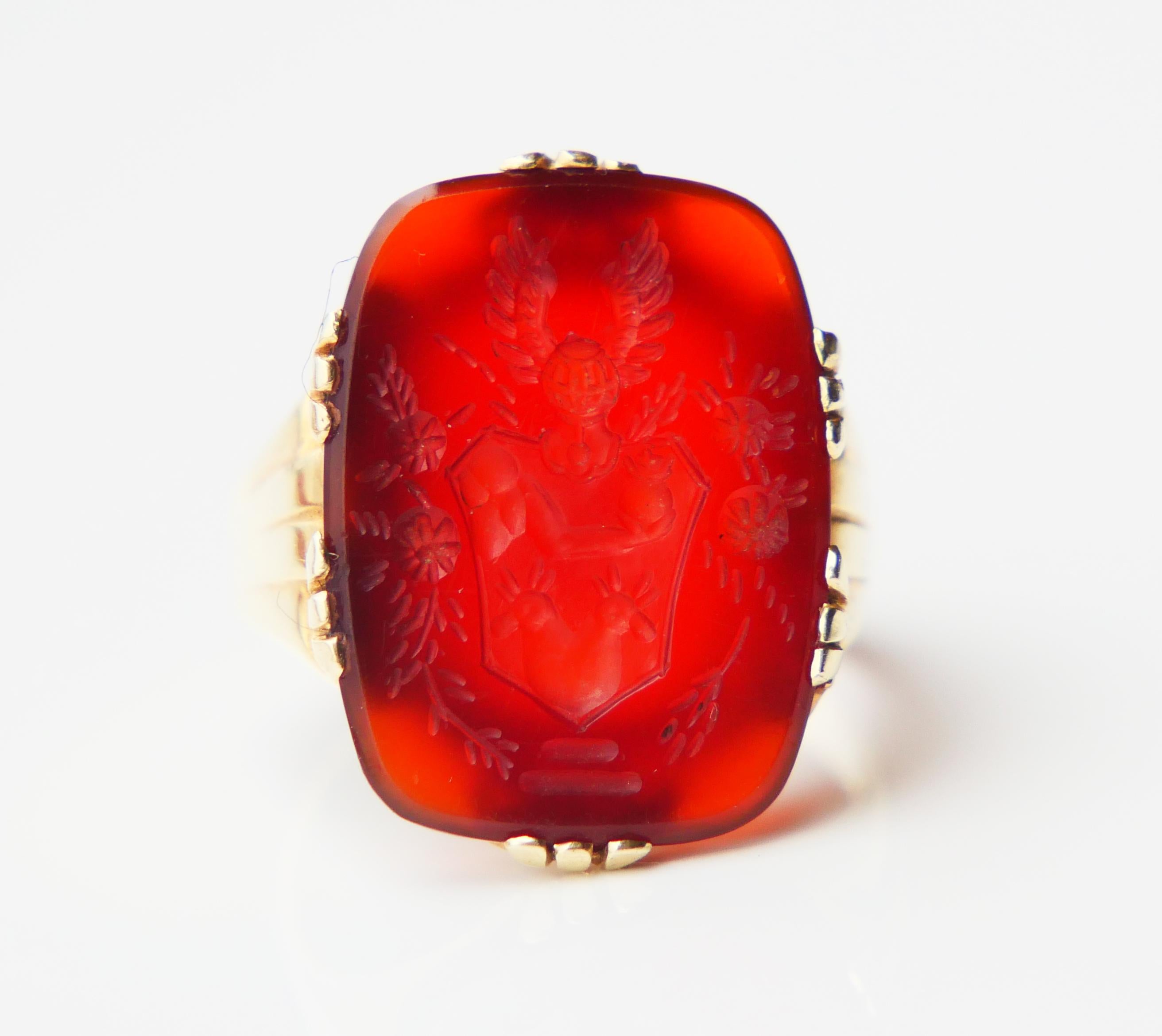 Antique German Signet Men Unisex Intaglio Ring Carnelian 14K Gold ØUS7.5/6gr 4