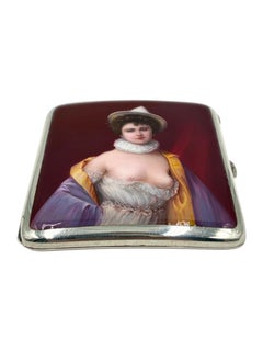 Antique German Silver and Enamel Cigarette Case with Erotic Hand-Painted Scene