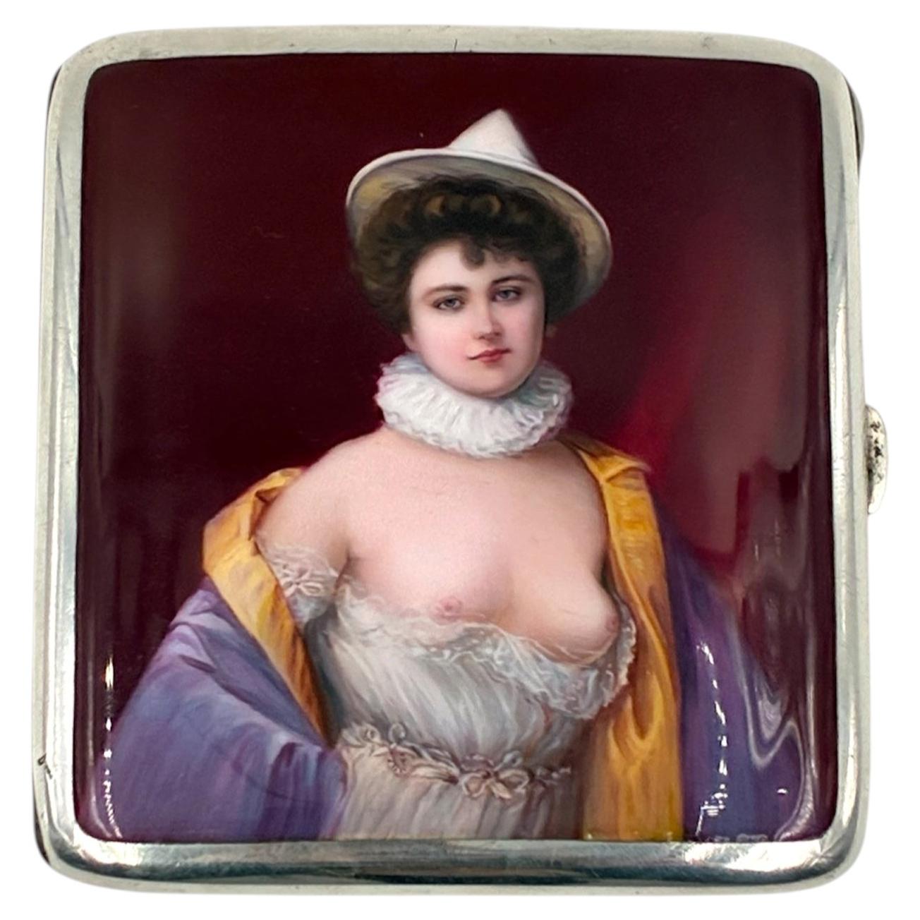 Antique German Silver and Enamel Cigarette Case with Erotic Hand-Painted Scene For Sale