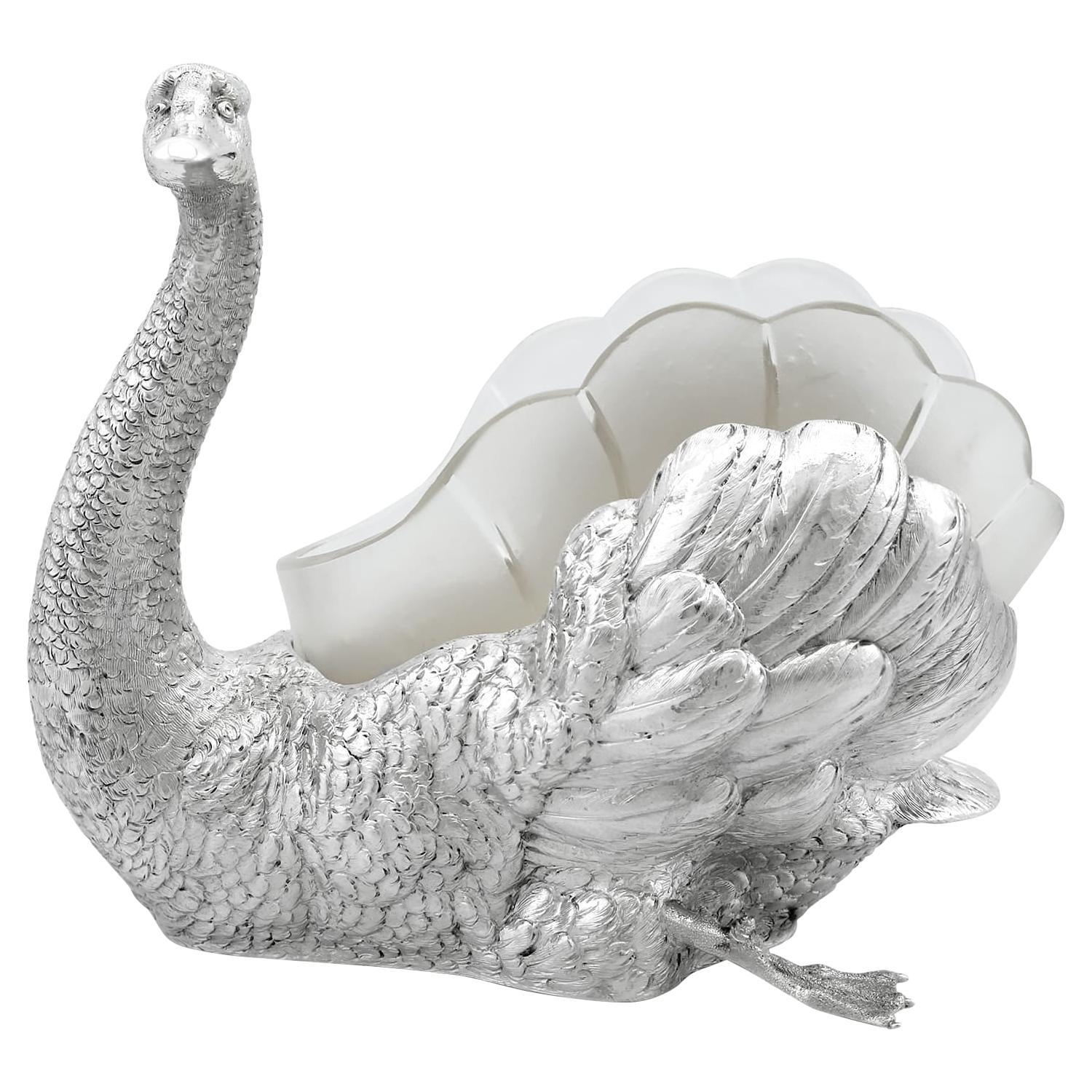 1910s German Silver and Glass Swan Dish / Centrepiece For Sale