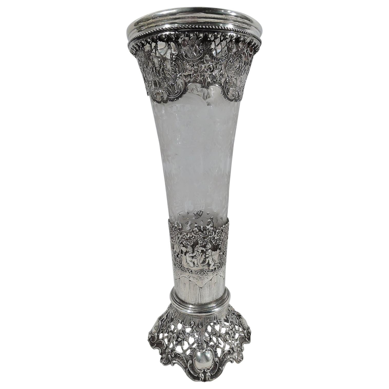 Antique German Silver and Glass Trumpet Vase