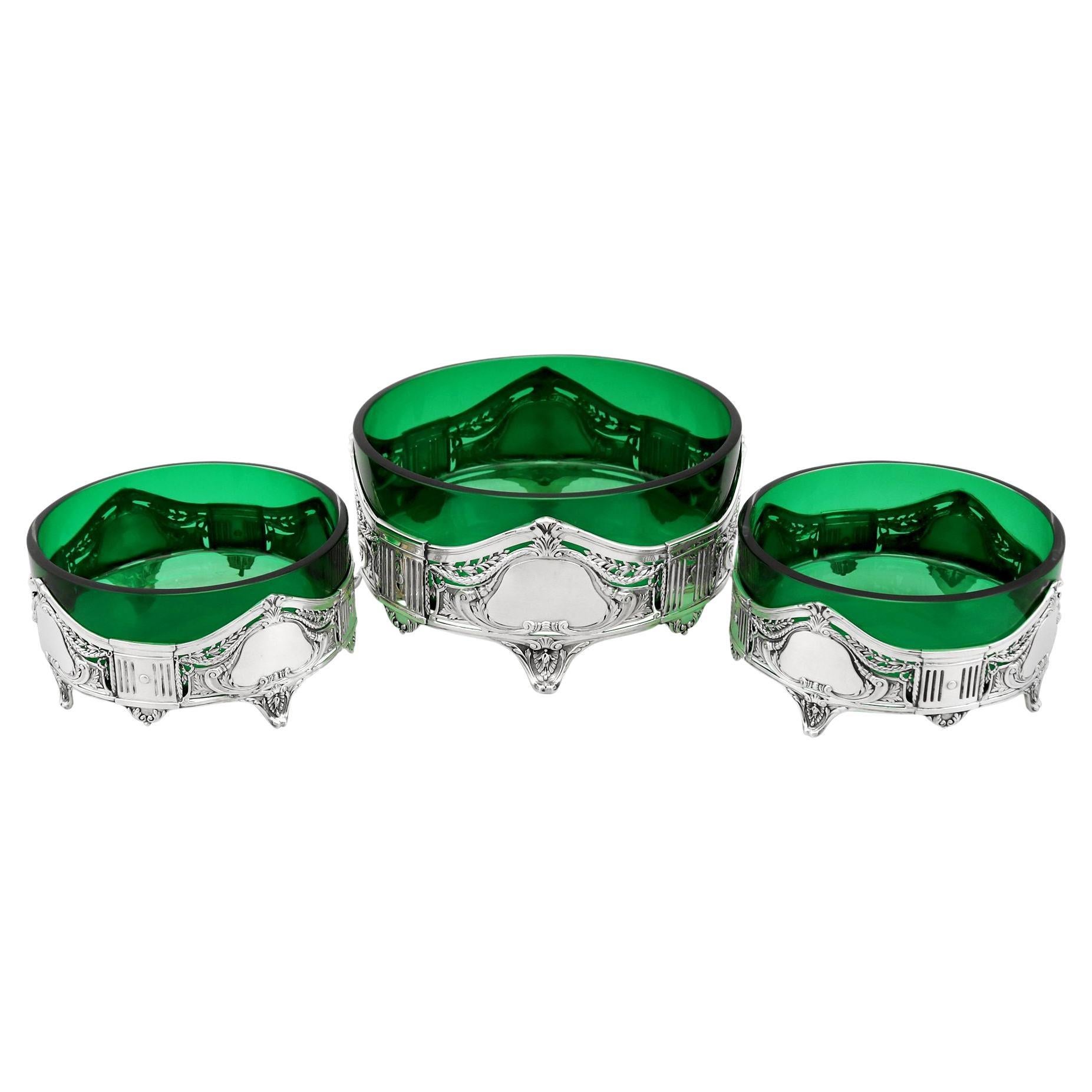 Antique Silver and Green Glass Centrepiece Dishes Art Nouveau Style For Sale