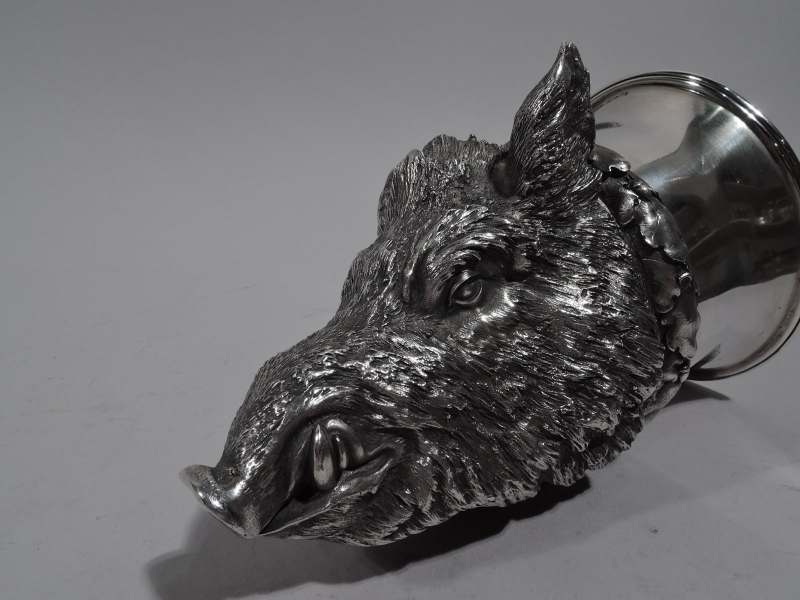 Édouardien Ancienne coupe d'étrier en argent allemand tête de sanglier 