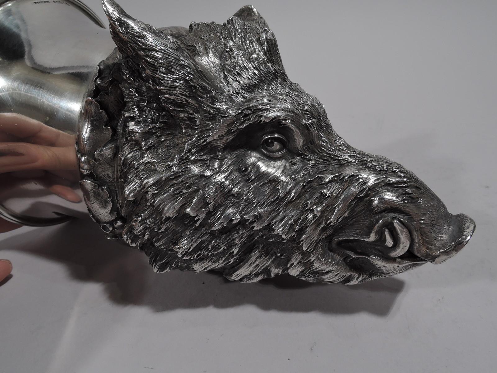 20ième siècle Ancienne coupe d'étrier en argent allemand tête de sanglier 