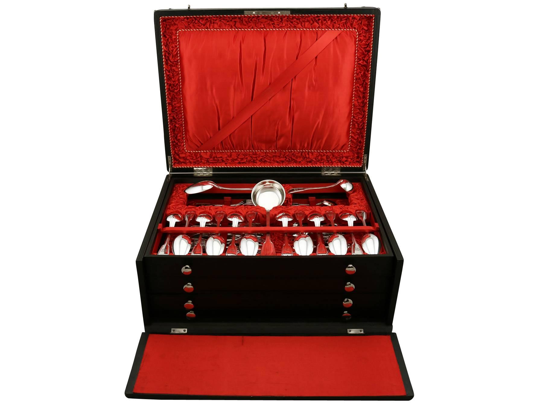 An exceptional, fine and impressive antique German silver boxed canteen of cutlery for 12 persons, boxed; an addition to our flatware collection

The pieces of this exceptional, antique German silver boxed canteen of cutlery for 12 persons have