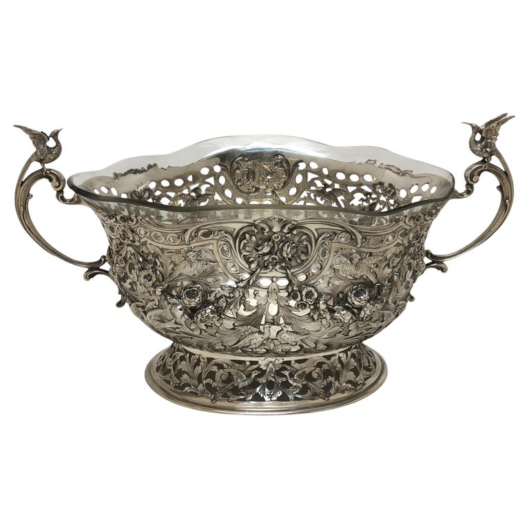Antique German Silver Centrepiece Basket with Glass Liner c. 1890