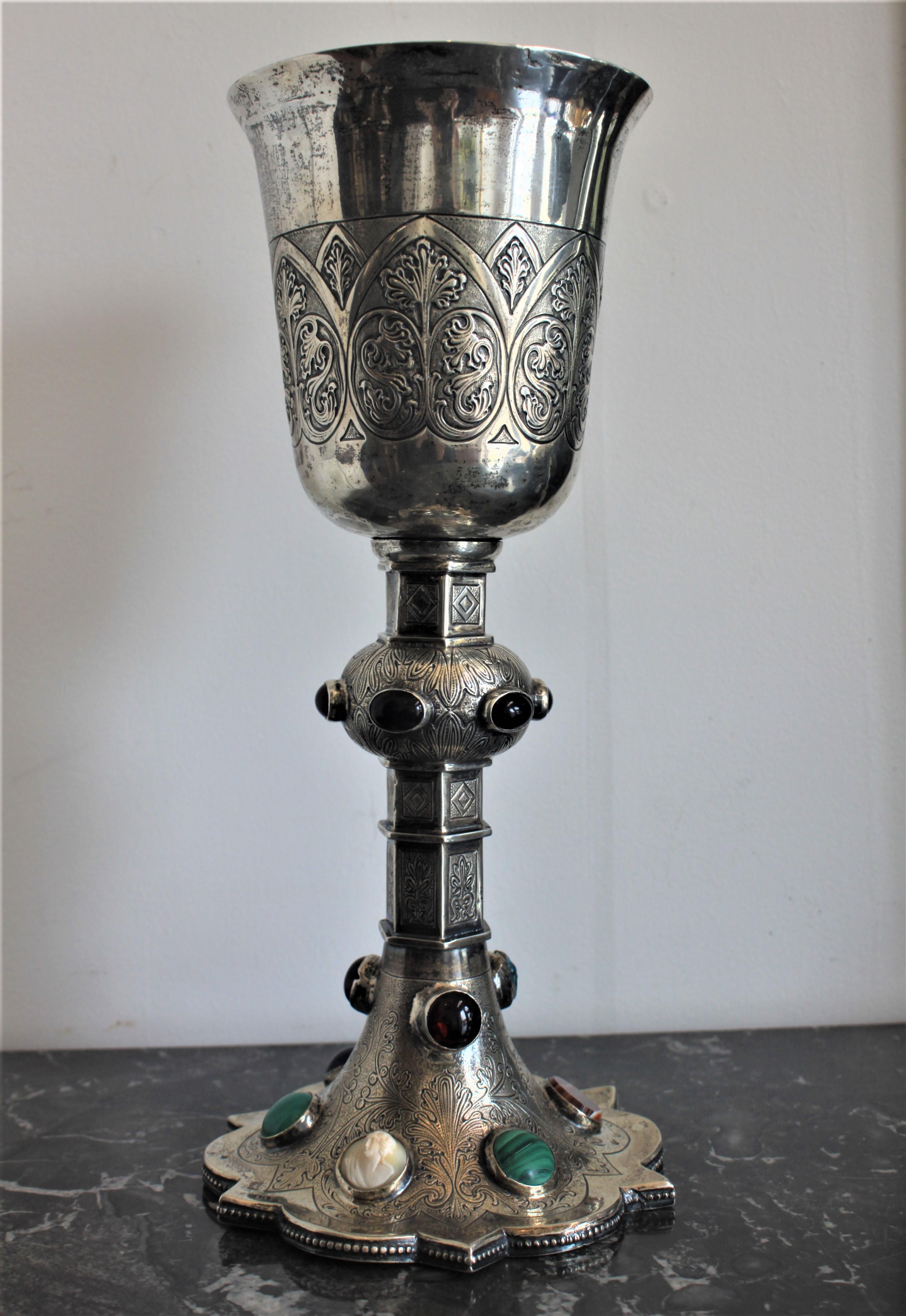 Antique German Silver Chalice or Goblet with Inlaid SemiPrecious
