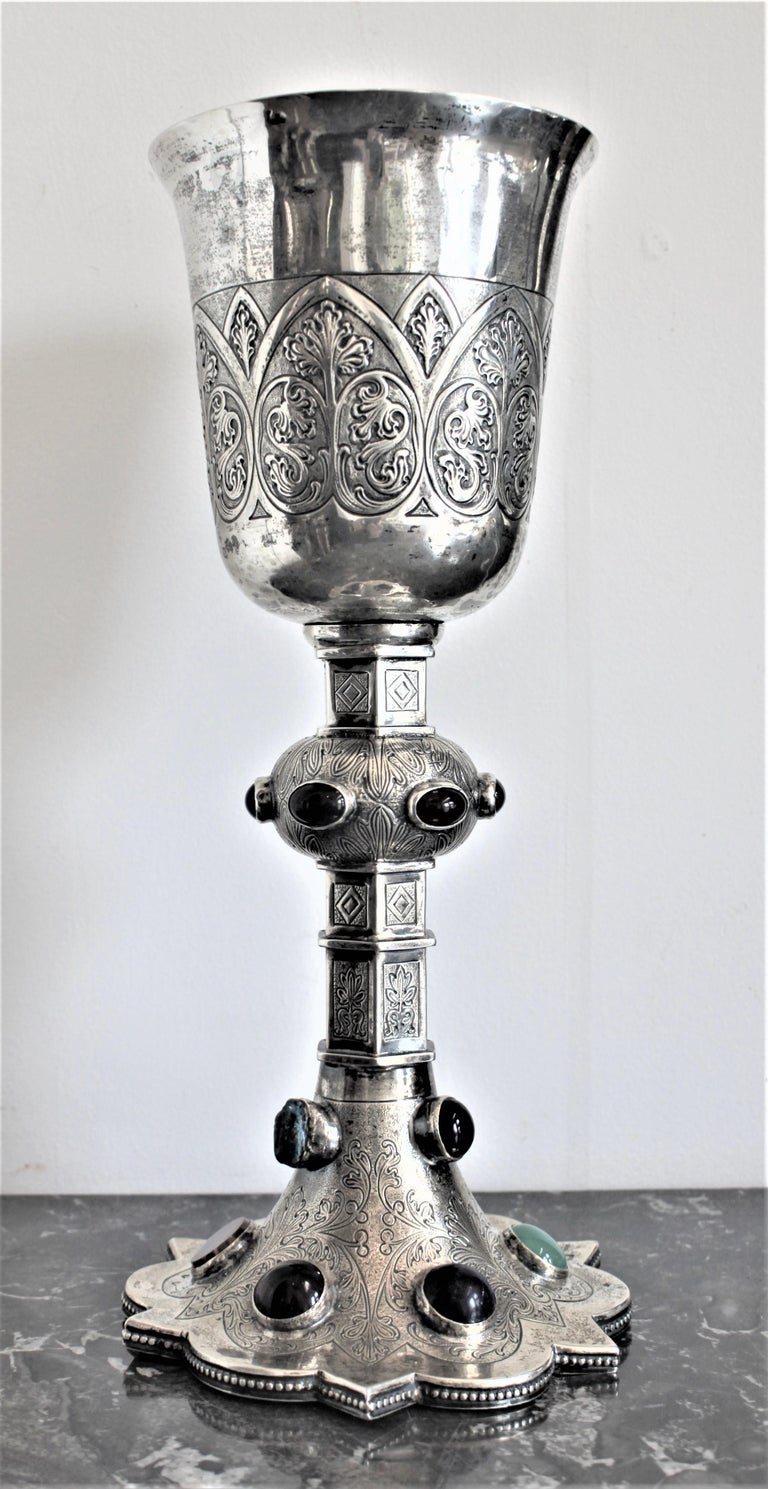 Antique German Silver Chalice or Goblet with Inlaid SemiPrecious