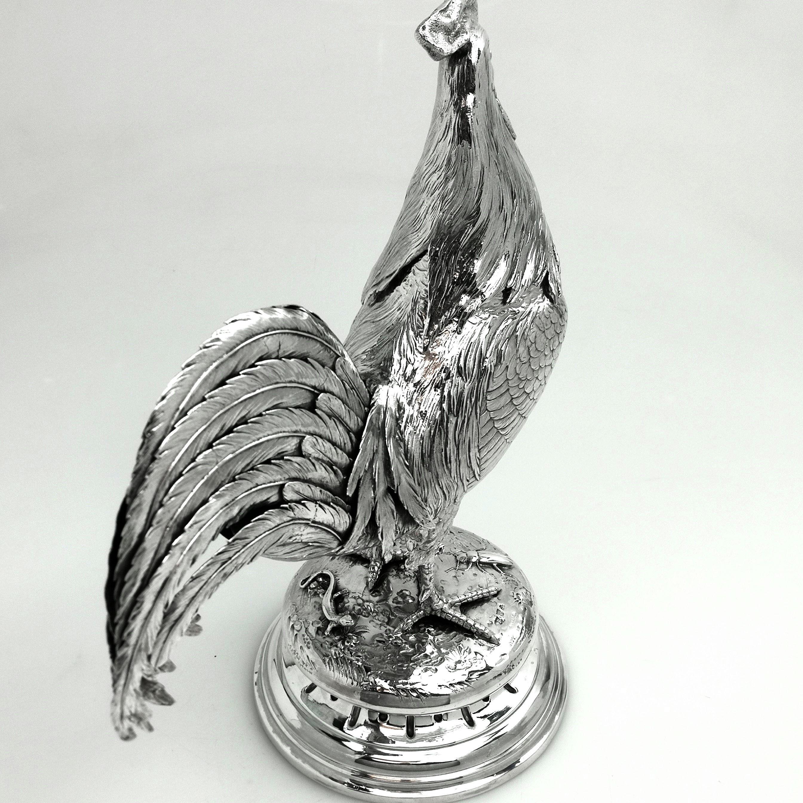 Antique German Silver Cockerel / Rooster Model Figure on Base 1899 ‘Import Mark’ In Good Condition For Sale In London, GB