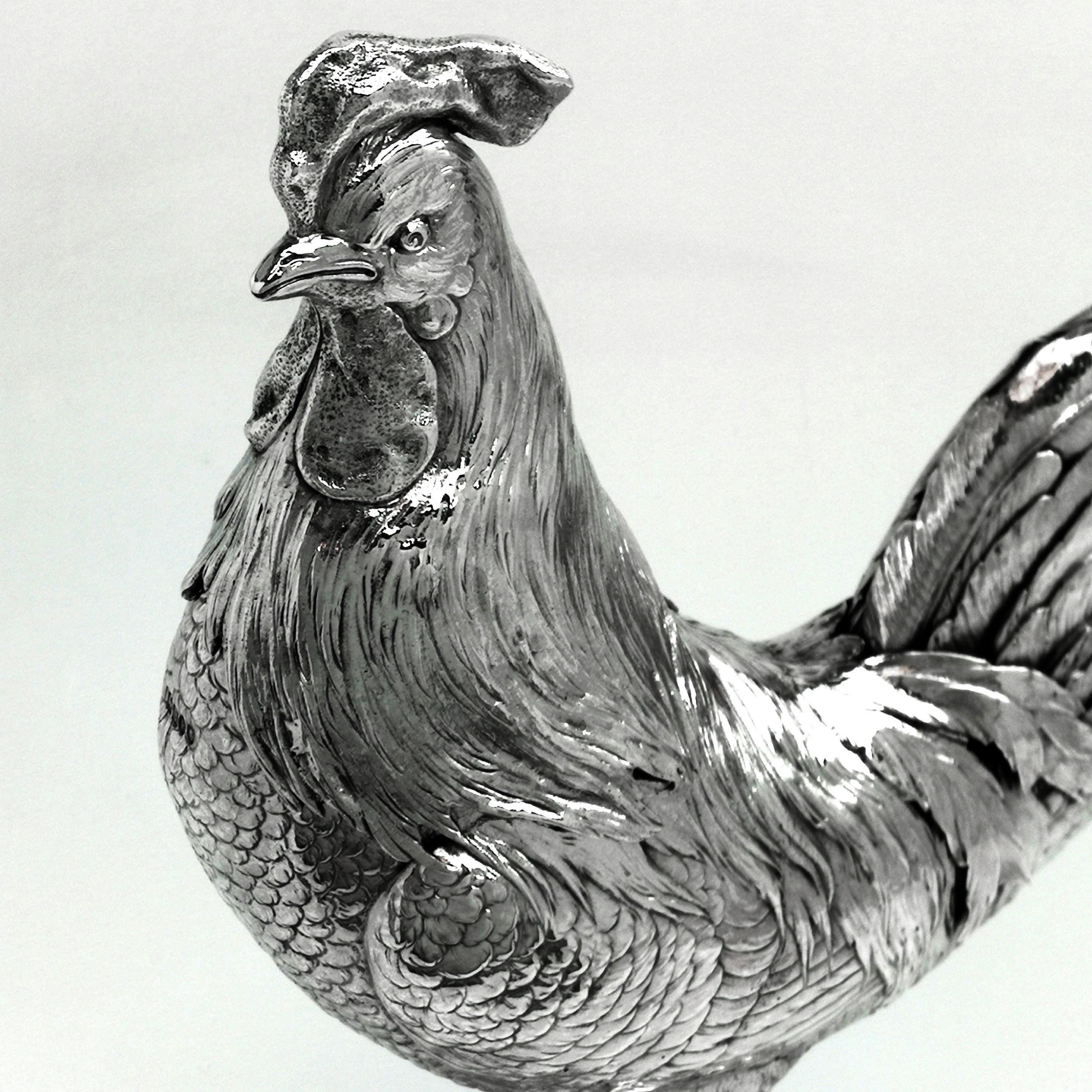 Antique German Silver Cockerel / Rooster Model Figure on Base 1899 ‘Import Mark’ In Good Condition For Sale In London, GB