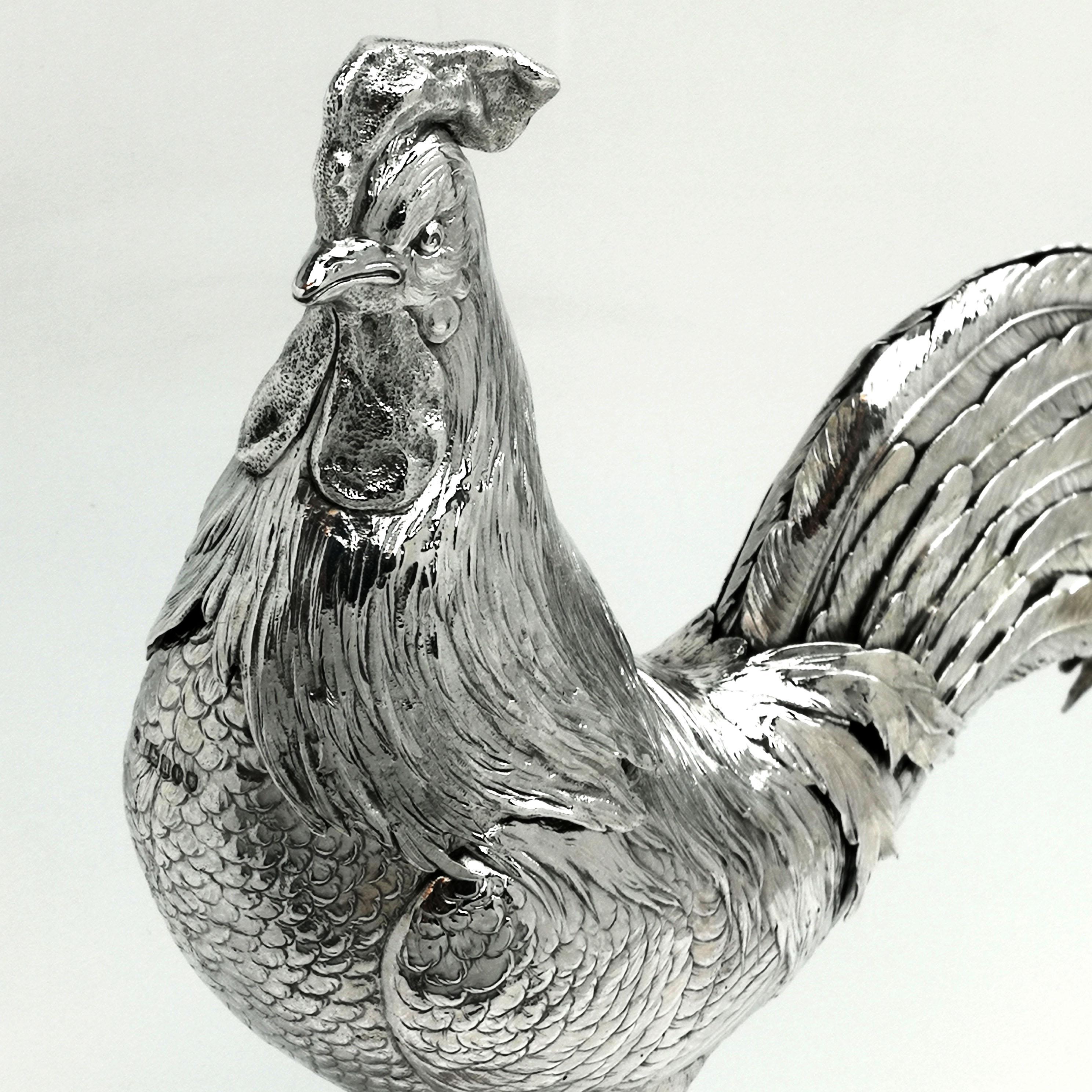19th Century Antique German Silver Cockerel / Rooster Model Figure on Base 1899 ‘Import Mark’ For Sale